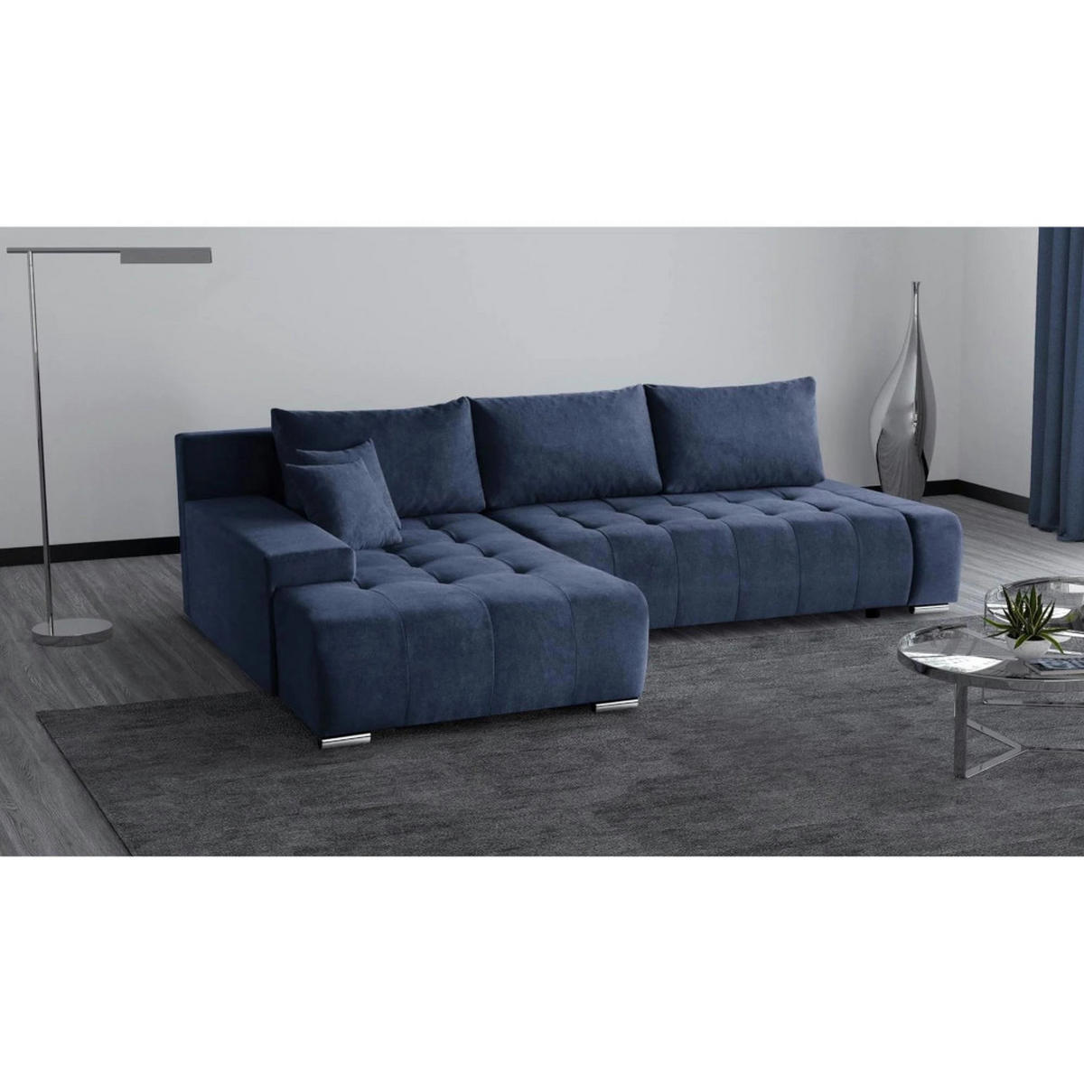 ECKSCHLAFSOFA Draco L Dunkelblau - Silberfarben/Dunkelblau, Textil/Metall (267/186cm) - Beautysofa