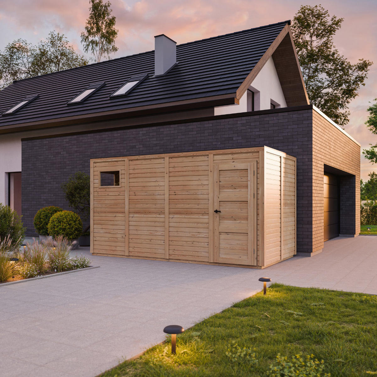GARTENHAUS Holz 8,16 m², 404/216/202 cm, mit imprägniertem Boden, M327F2+M327G - Beige, Holz (404/216/202cm) - Timbela