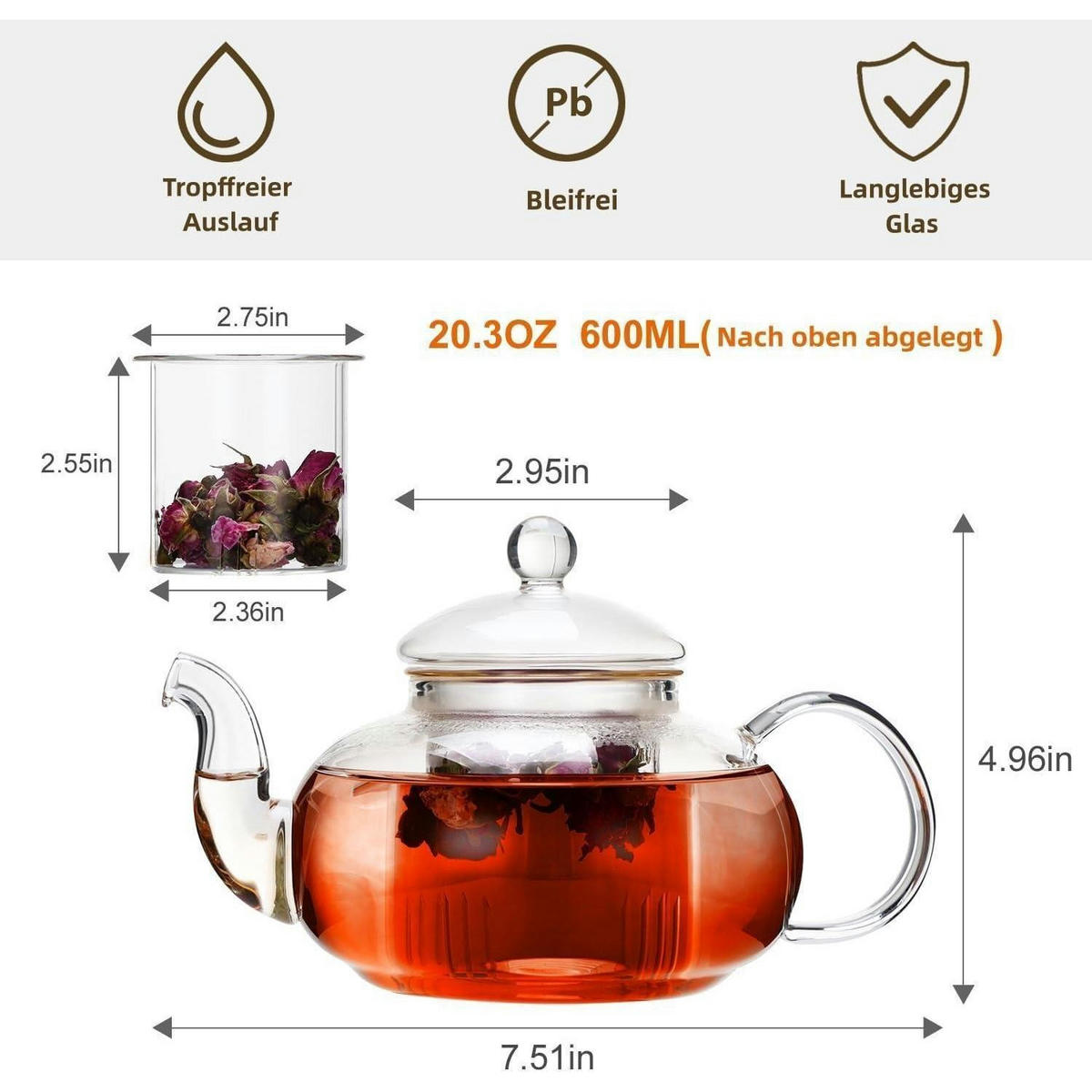 TEEKANNE Glas mit Siebeinsatz 600 ml - Transparent, Glas (13.5/12.5cm)