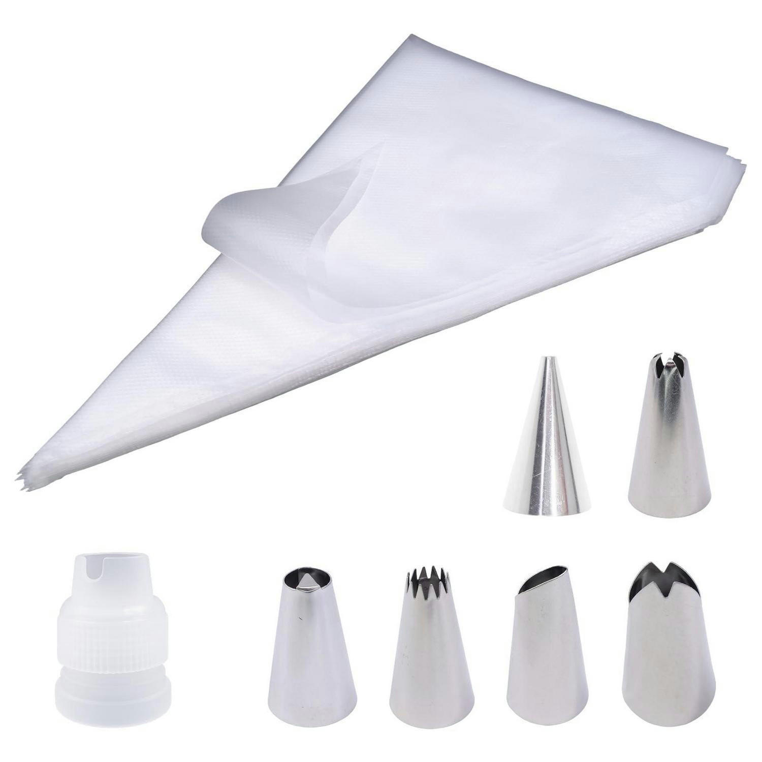 SPRITZBEUTEL Set 100 Stück Einweg mit 6 Edelstahl Tüllen - Weiß, Kunststoff (21/1/31cm)