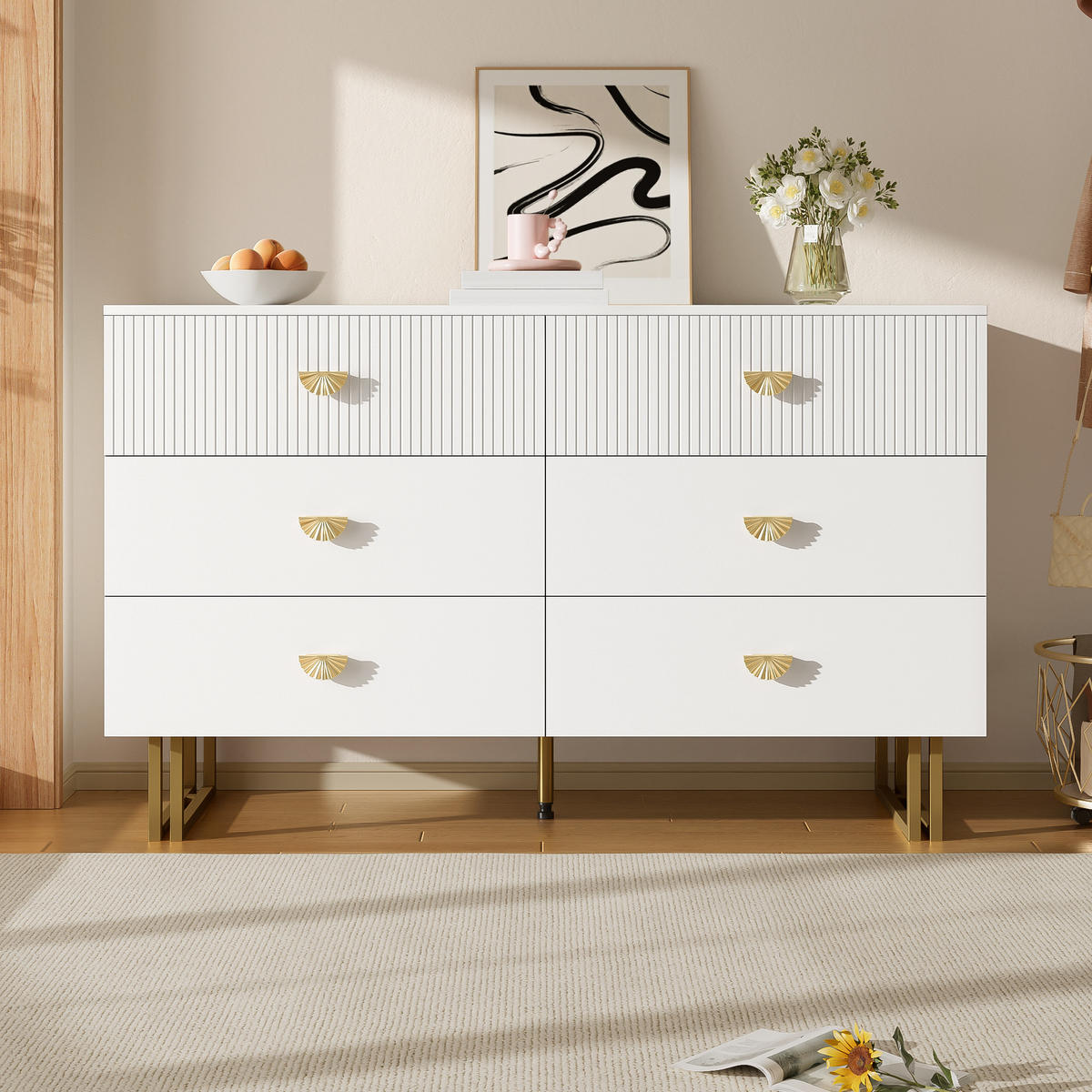SIDEBOARD in Weiß und Gold Kommode aus MDF und Stahl für Wohnzimmer, Flur und Esszimmer, B120/T40/H75 cm - Goldfarben/Weiß, Holzwerkstoff/Metall (120/75/40cm) - STILVORA