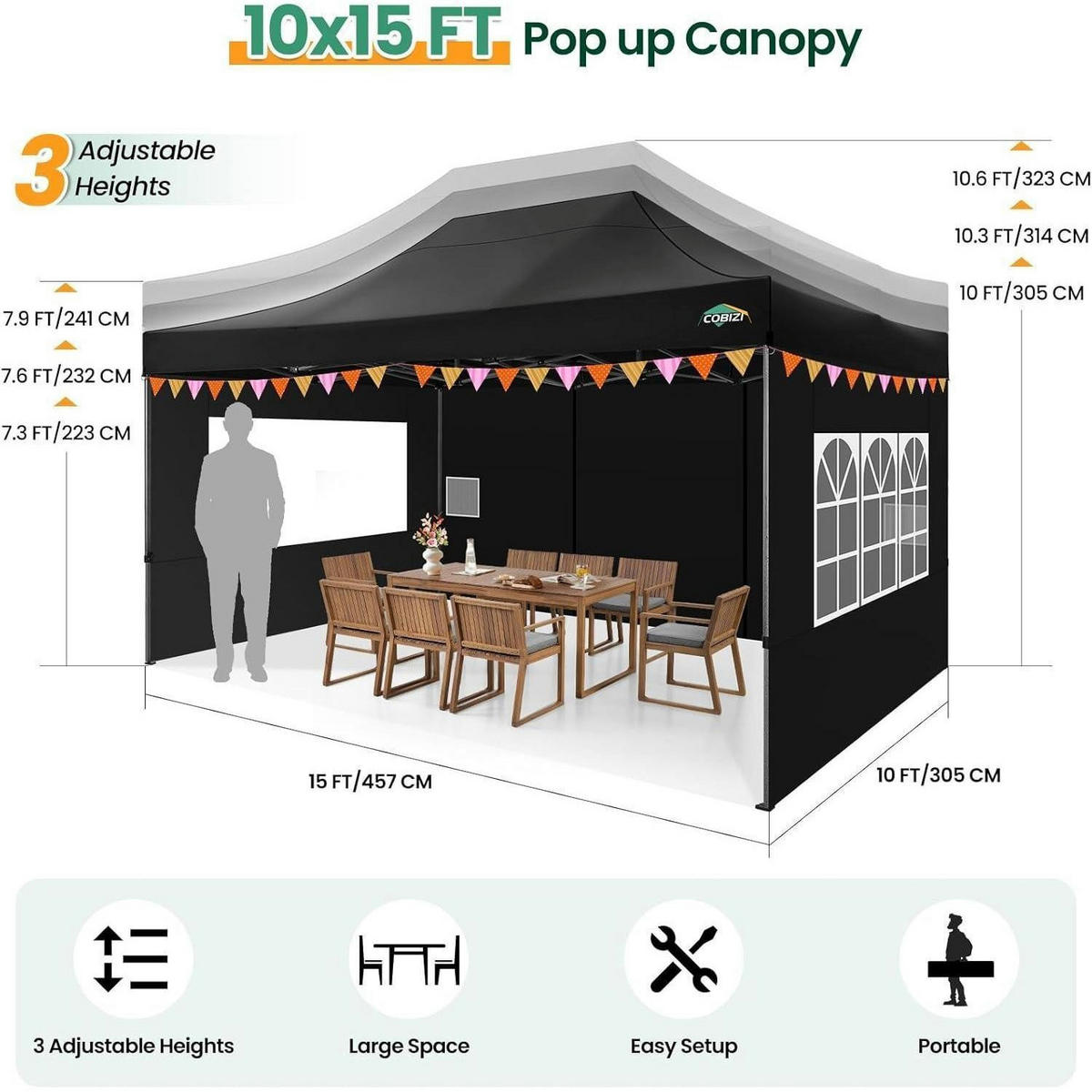 FALTPAVILLON 3x4,5m Schwarz mit 4 Seitenteilen - Schwarz, Textil (300/320/450cm)