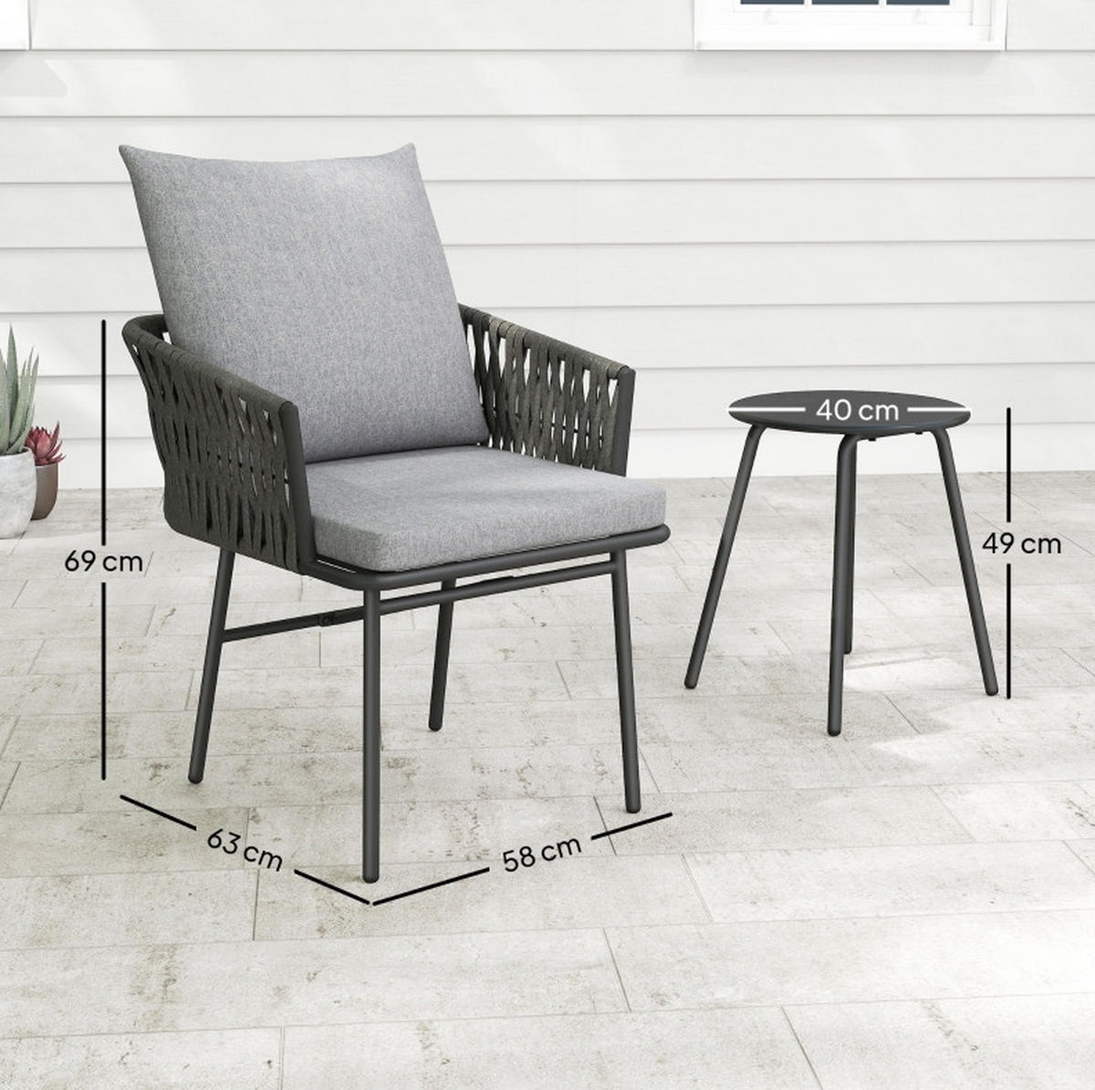 GARTENMÖBEL 3-teilig,40×40×49cm,Rattan abnehmbar Kissen und Tisch - Grau, Metall - Modfu