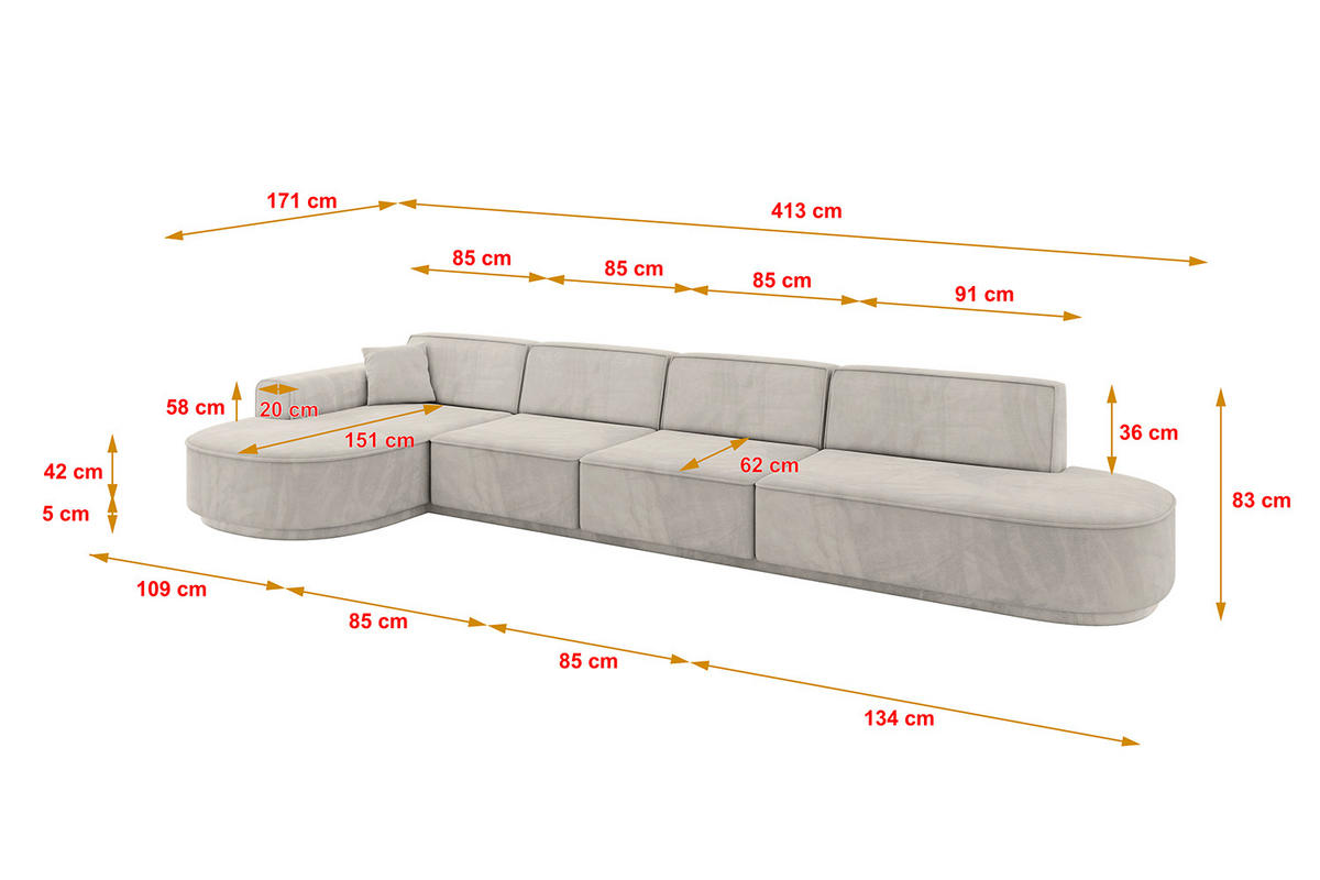 ECKSOFA Ottomane Links MARI-L3-v3 - 413x171x83 cm Hellbraun Velours - Hellbraun/Schwarz, Holzwerkstoff/Kunststoff (413/171cm) - ALTDECOR