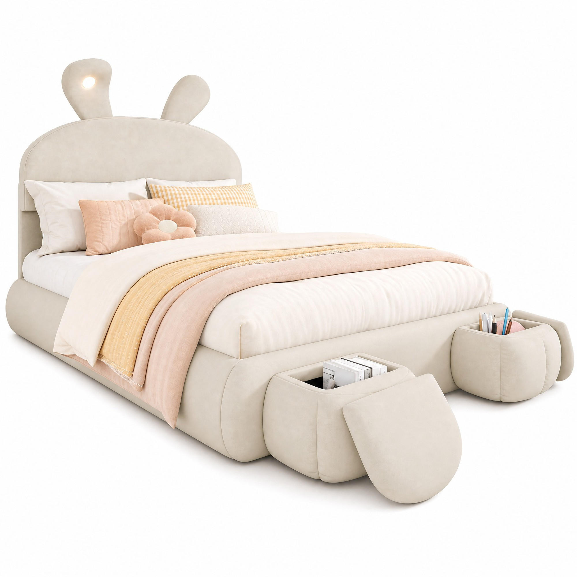POLSTERBETT 140/200 mit Bettkasten, LED und Aufbewahrungshocker in Beige - Beige, Holzwerkstoff/Textil (140/200cm) - EVRYAE