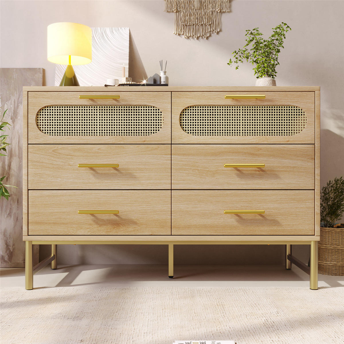 KOMMODE Eiche 120x74x40 cm Rattan 6 Schubladen - Naturfarben, Holz (40/74/120cm) - Kaket