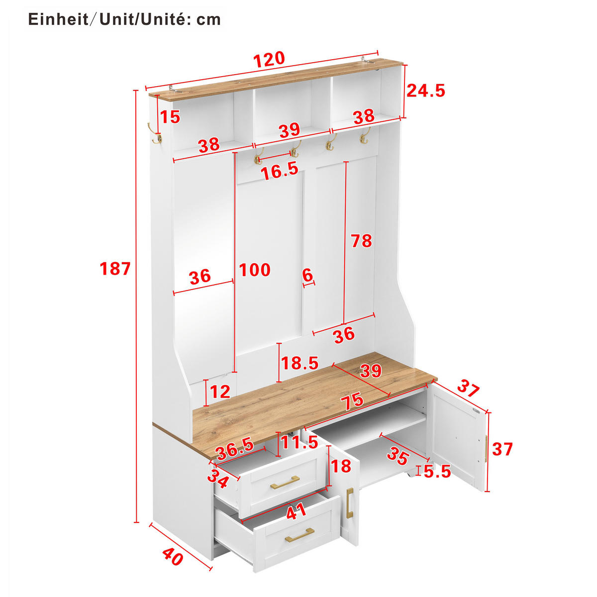 SCHUHSCHRANK aus MDF 120x40x187cm in Weiß mit LED & Spiegel - Weiß, Holzwerkstoff (120/187/40cm) - Modfu
