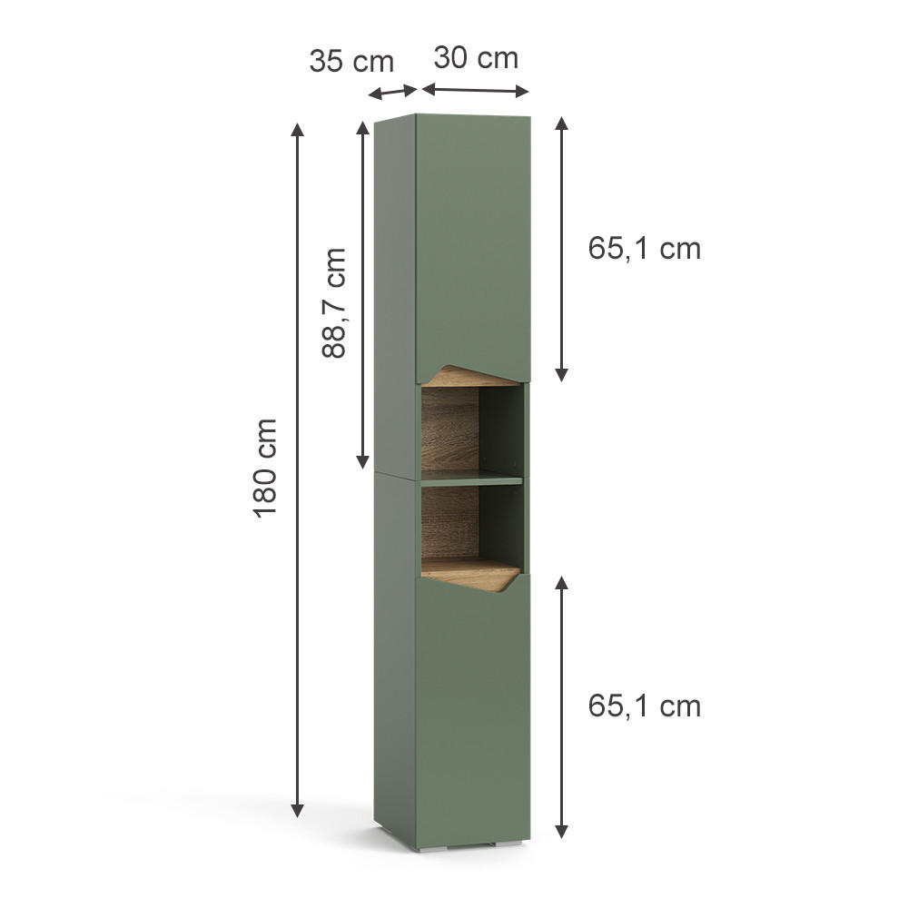 BADSCHRANK Marelle Grün/Artisan 30 x 180 cm mit Türen und offenen Fächern - Grün, Holzwerkstoff (30/180/35cm) - Vicco