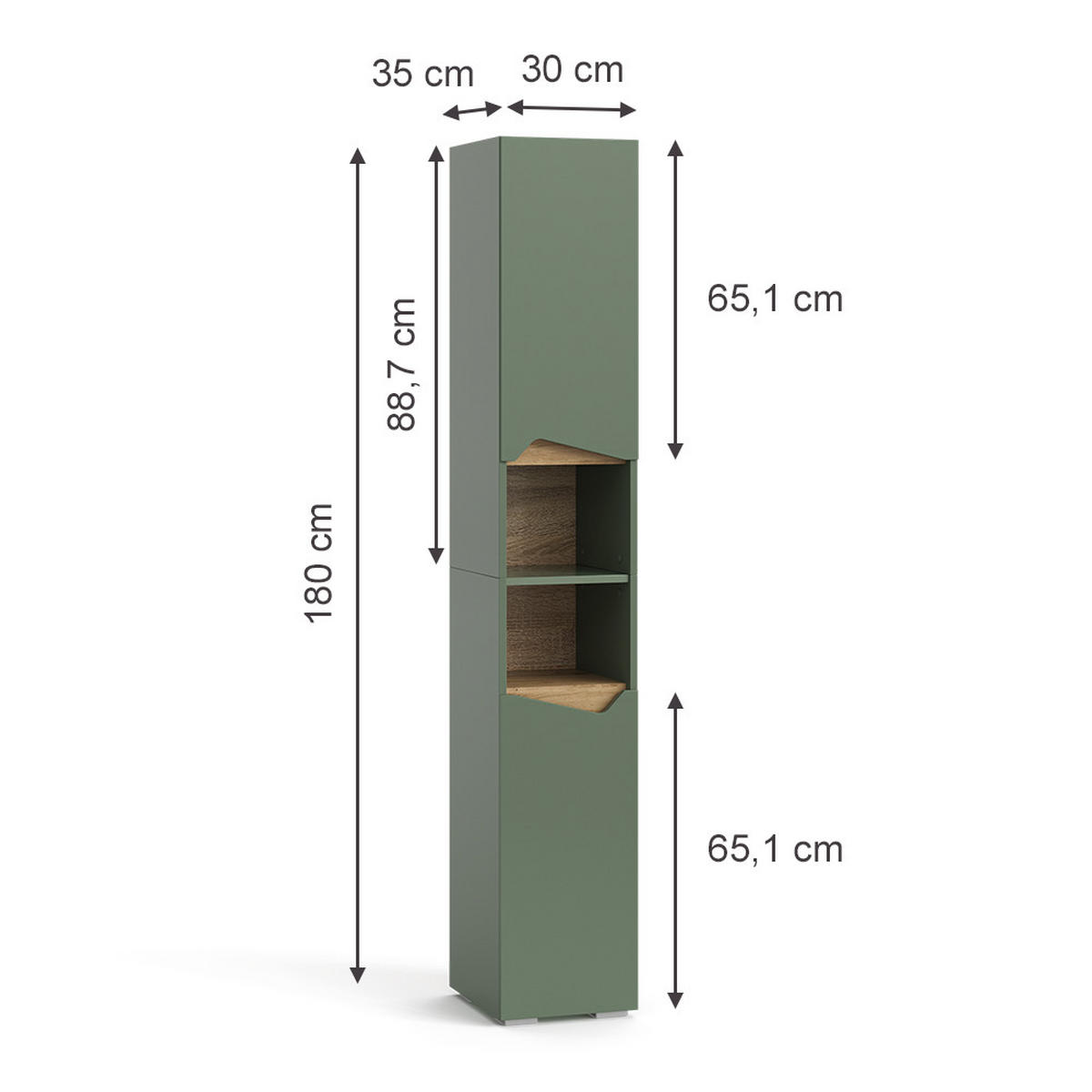 BADSCHRANK Marelle Grün/Artisan 30 x 180 cm mit Türen und offenen Fächern - Grün, Holzwerkstoff (30/180/35cm) - Vicco