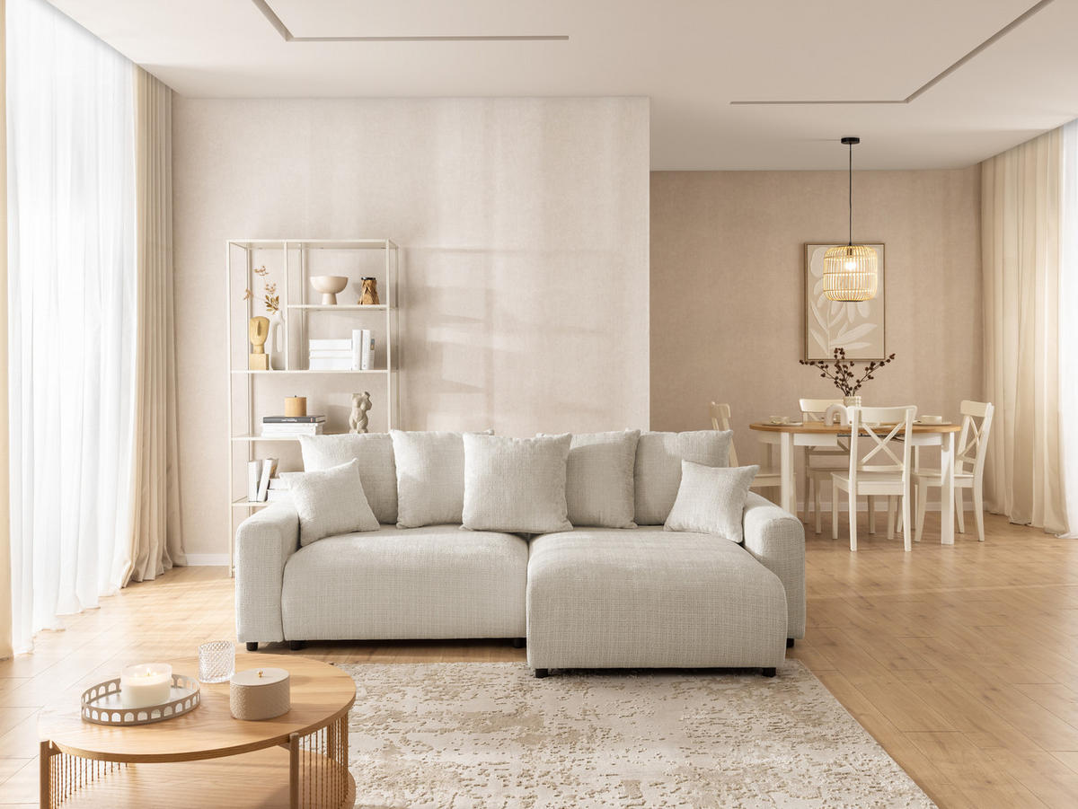 ECKSOFA Calma mit Schlaffunktion und Bettkasten im Bumpy-Design aus weichem Beige Chenille-Stoff - Ottomane rechts - Beige/Schwarz, Holz/Kunststoff (239/140cm) - S-Style Möbel