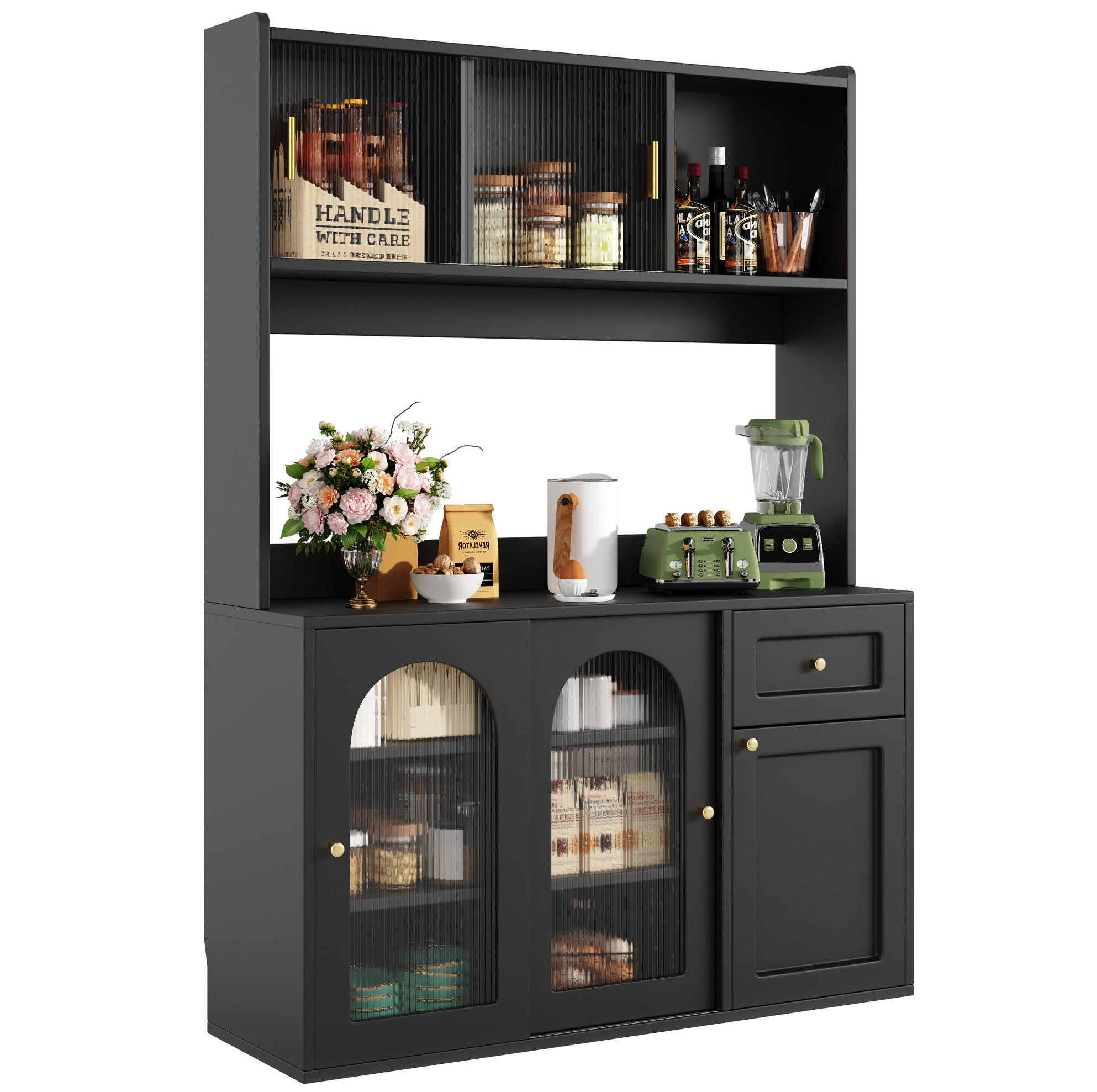 HIGHBOARD schwarz aus MDF/Spanplatte mit Glastüren und LED-App-Steuerung, 120/35/167 cm, Schwarz - Schwarz, Holzwerkstoff (120/167/35cm) - Redom