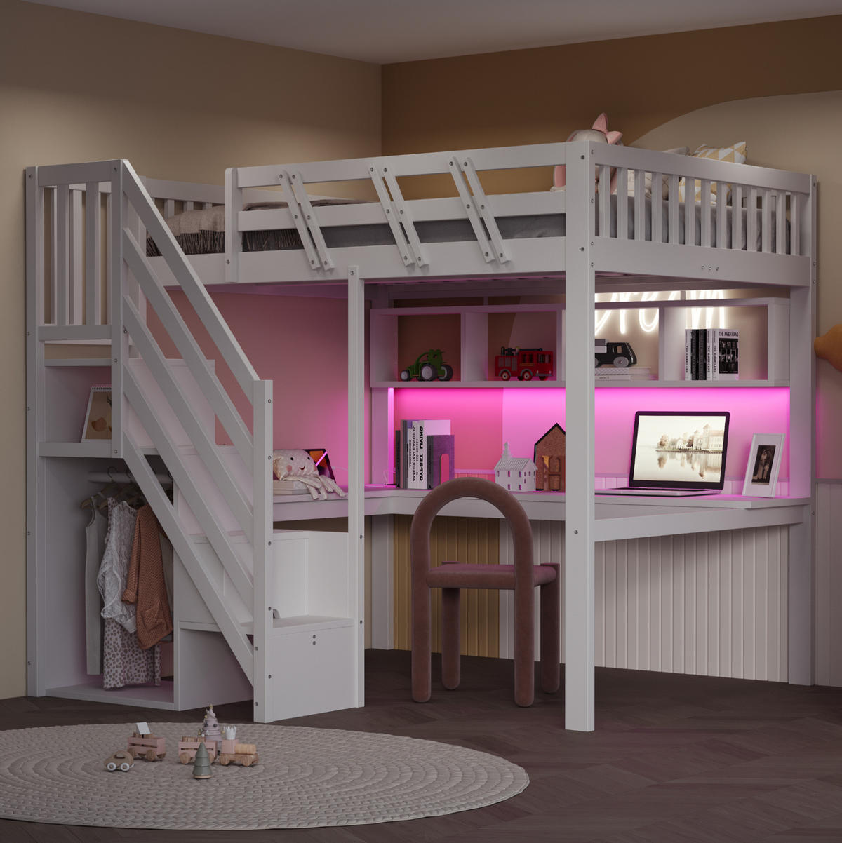 HOCHBETT 140x200 cm in Weiß mit Schreibtisch, Stauraumtreppe und LED-Beleuchtung - Weiß, Holz (140/200cm) - IVMEU