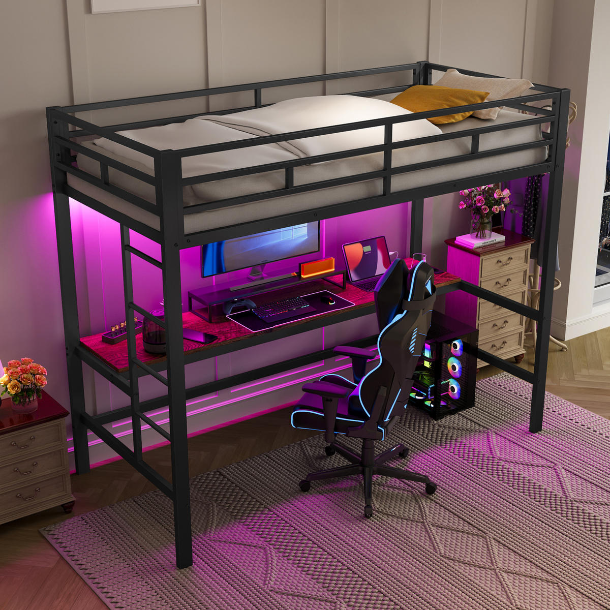HOCHBETT 90/200 cm aus Metall mit Schreibtisch, LED-Beleuchtung und Anschlüssen - Schwarz, Metall (90/200cm) - Flora Grace