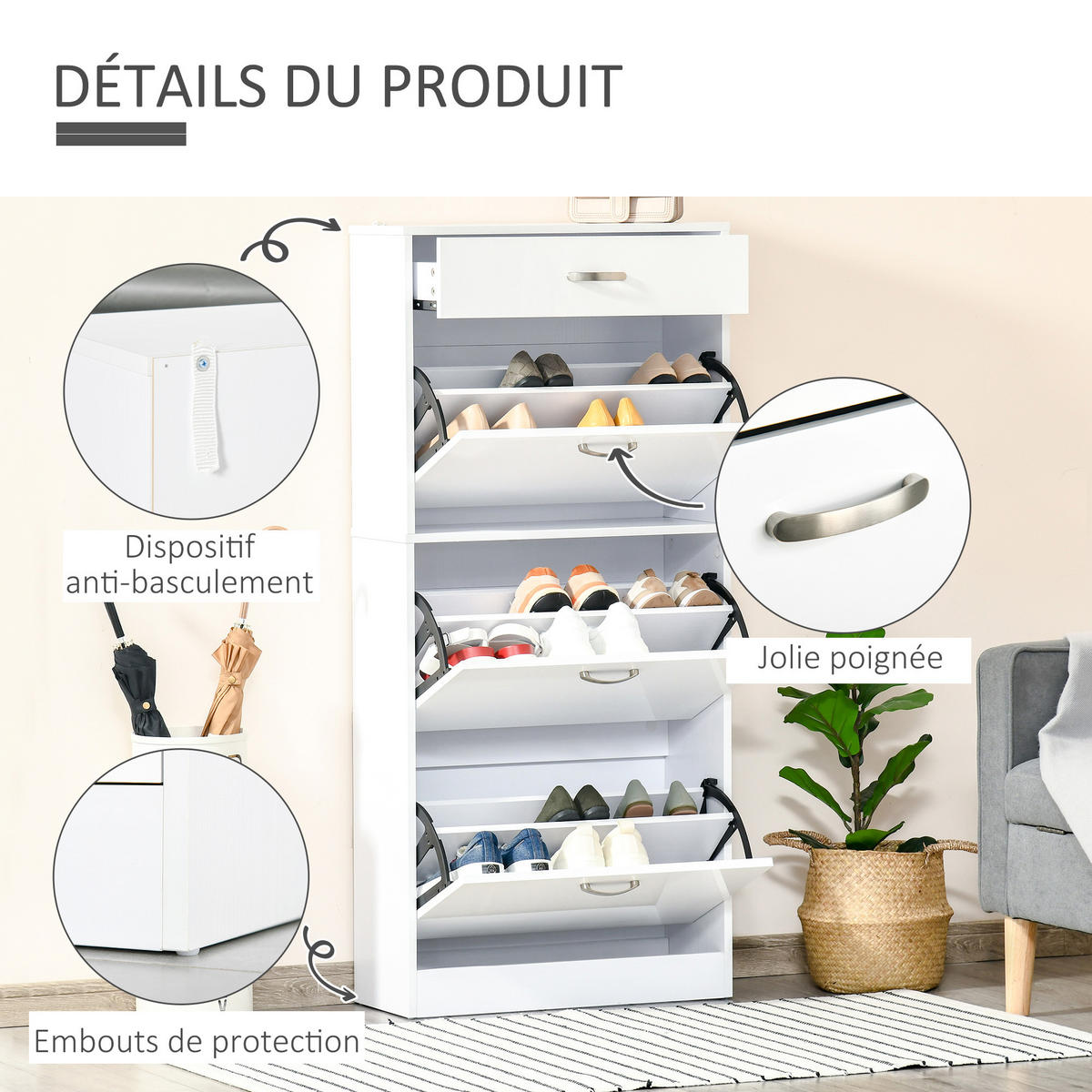 SCHUHSCHRANK DE-14975 3 Klapptüren & Schublade Weiß - Weiß, Holzwerkstoff (62/135/24cm) - ComfortXL