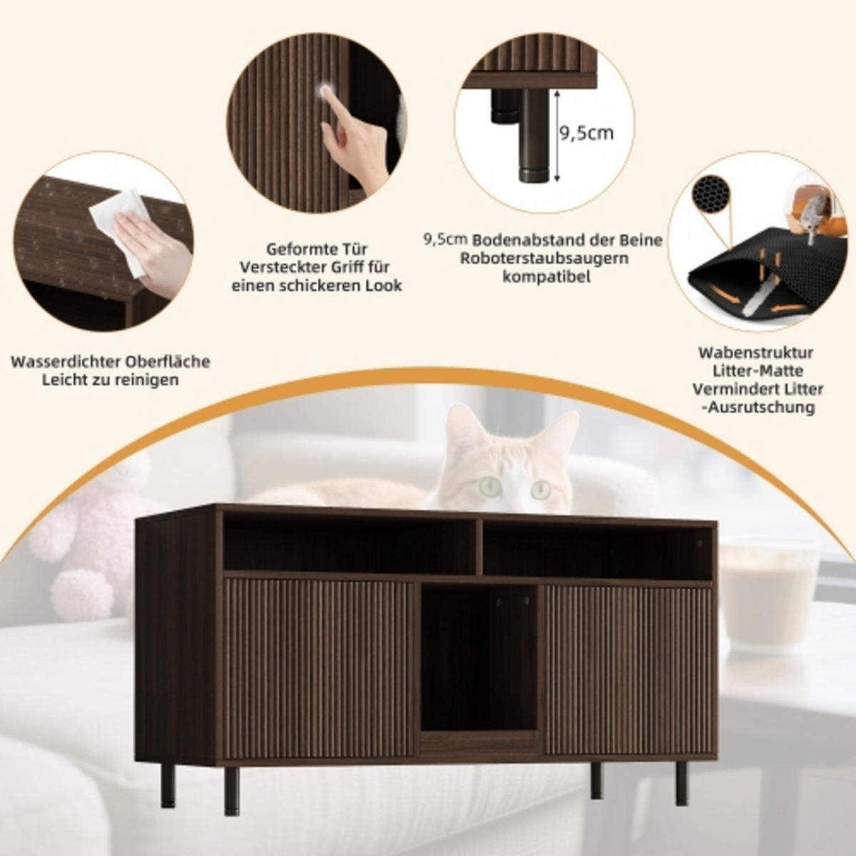 SIDEBOARD Nussbaumfarben aus MDF 120×50×66cm als Katzentoiletten-Schrank mit Sandauffangmatte und Ablagefächern - Nussbaumfarben, Holzwerkstoff (50/66/120cm) - Luhomfu