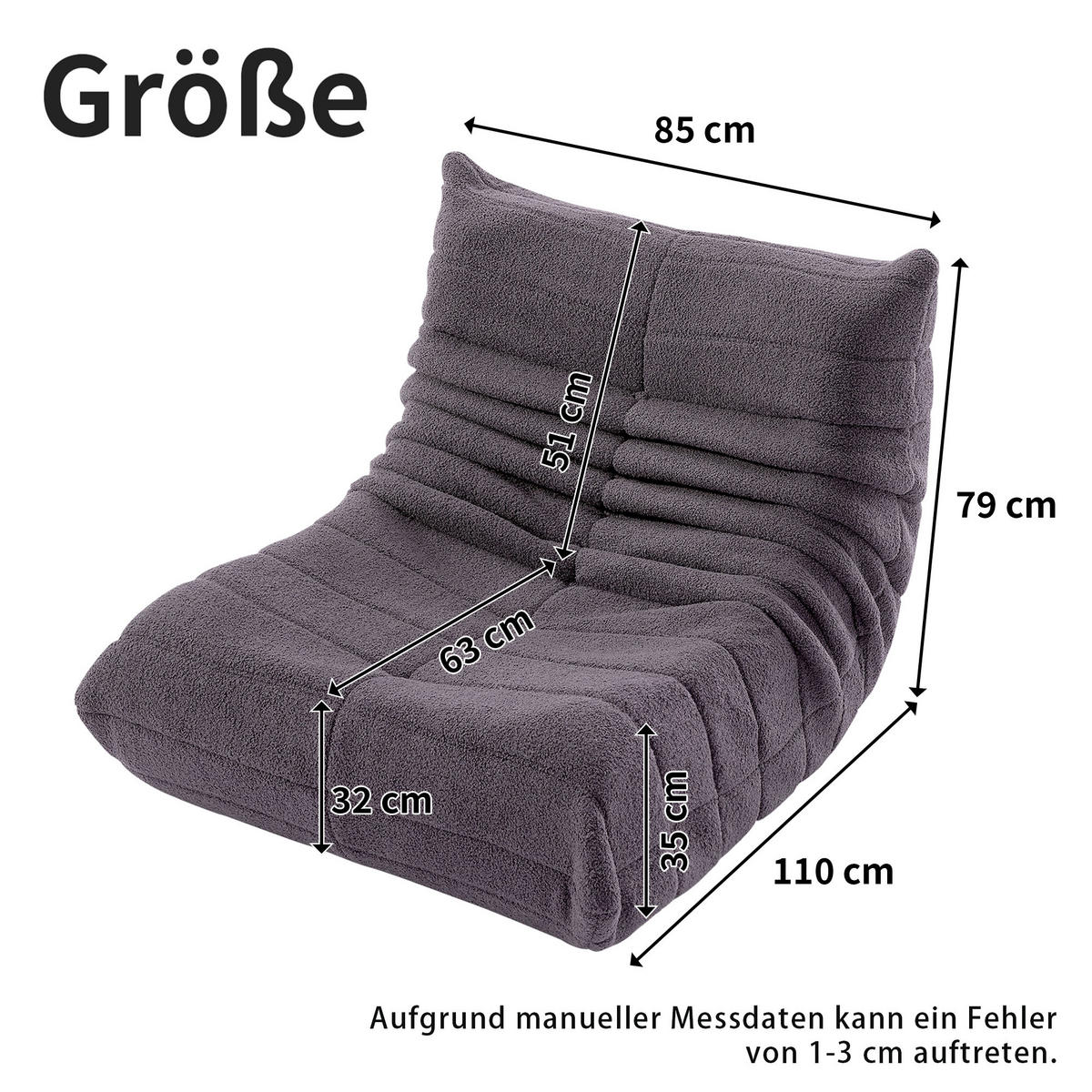 LIEGESESSEL 85/110/79 cm Grau Ergonomische Unterstützung für Schlafzimmer Wohnzimmer - Grau, Textil (110/79/85cm) - OKWISH