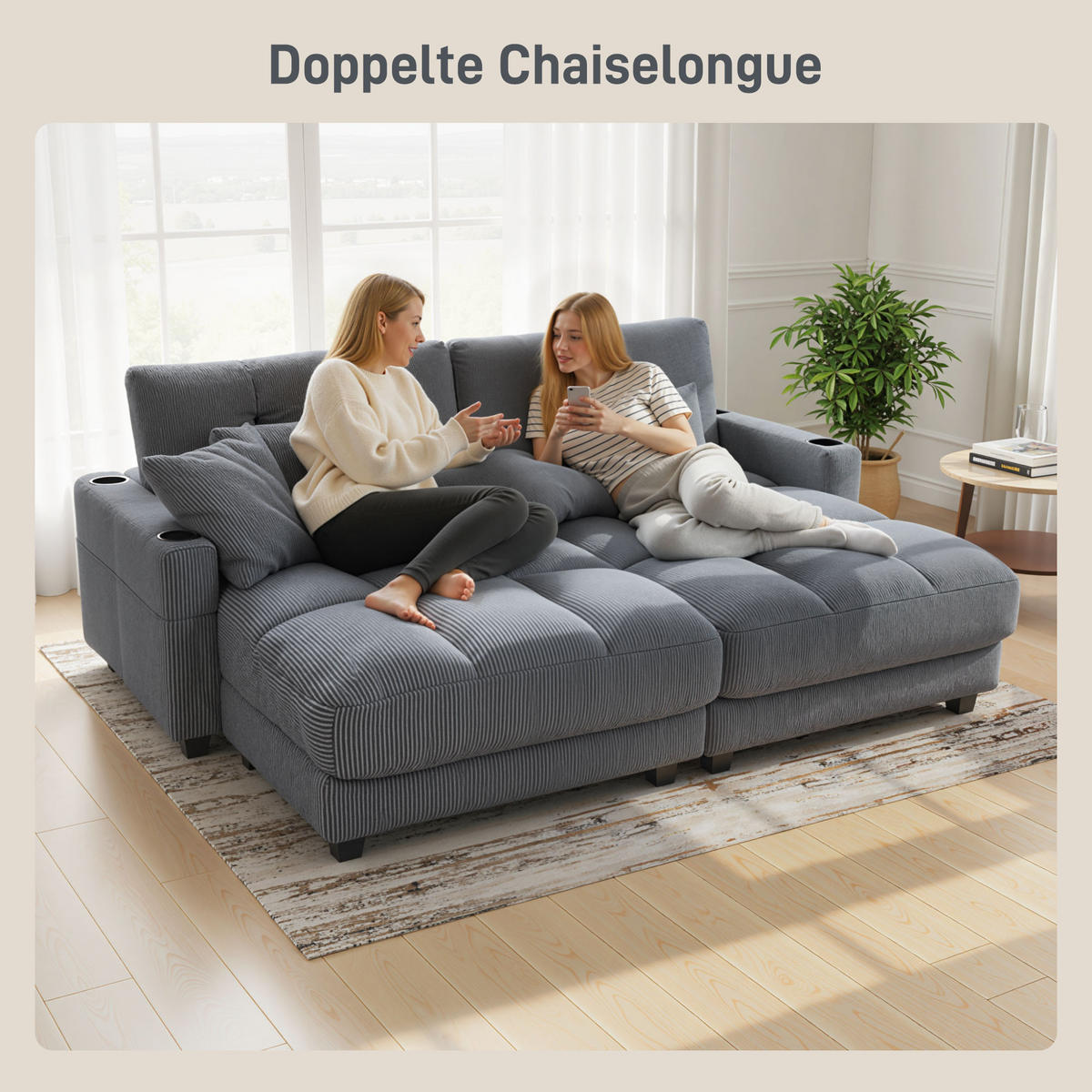 CHAISELONGUE 2 Sitzer Schlafsofa 114 x 147 cm mit Becherhalter Dunkelgrau - Dunkelgrau/Schwarz, Kunststoff/Textil (114/86/147cm) - HOMCOM