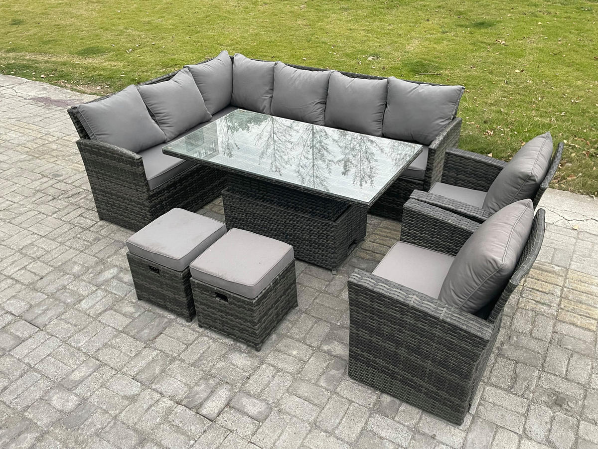 GARTENSET mit Höhenverstellbarer Tisch, Fußhocker, 2 Stühle Polyrattan Dunkelgrau 10-Sitzer - Dunkelgrau/Grau, Glas/Kunststoff - Fimous