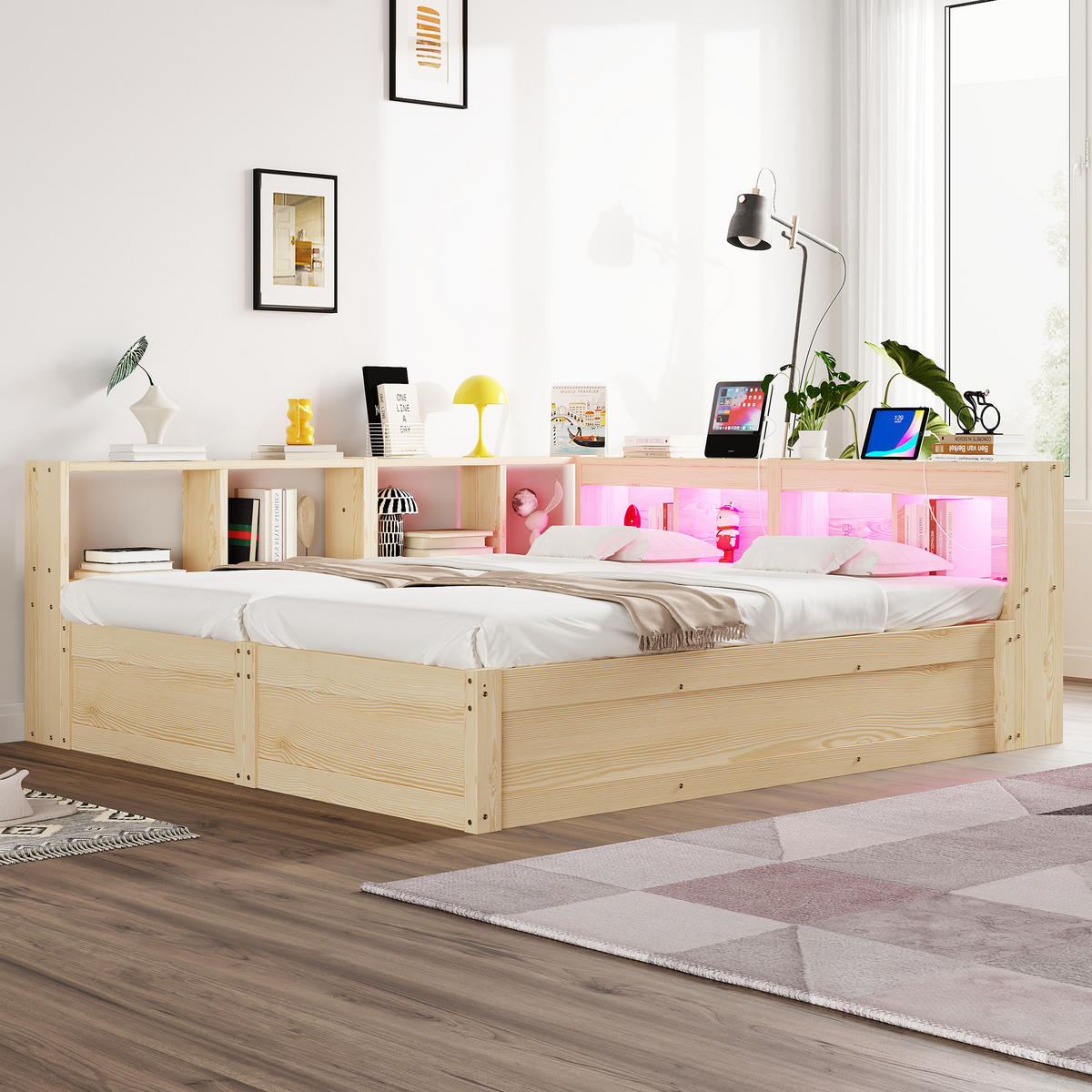 SCHLAFSOFA 90x200cm LED Stauraum Steckdose Holzbett Holz - Naturfarben, Holzwerkstoff (180/200cm) - FLIEKS