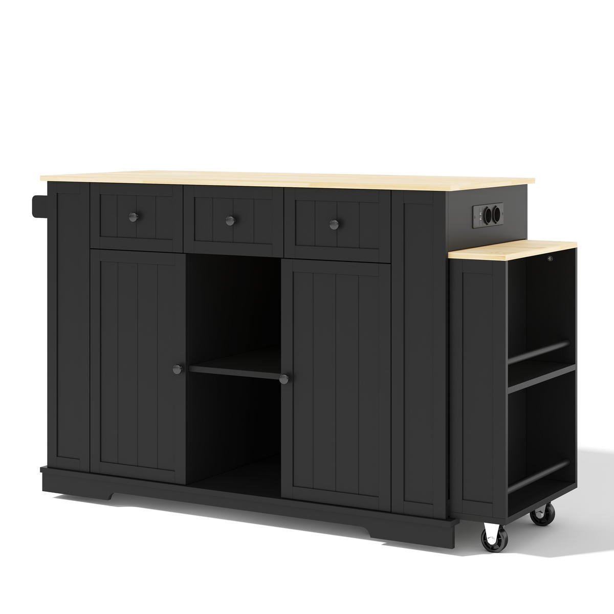 KÜCHENINSEL 93 cm MDF Schwarz Natur mit Ausziehtisch und USB-Steckdose - Schwarz, Holzwerkstoff (55/93/138cm) - Korfee