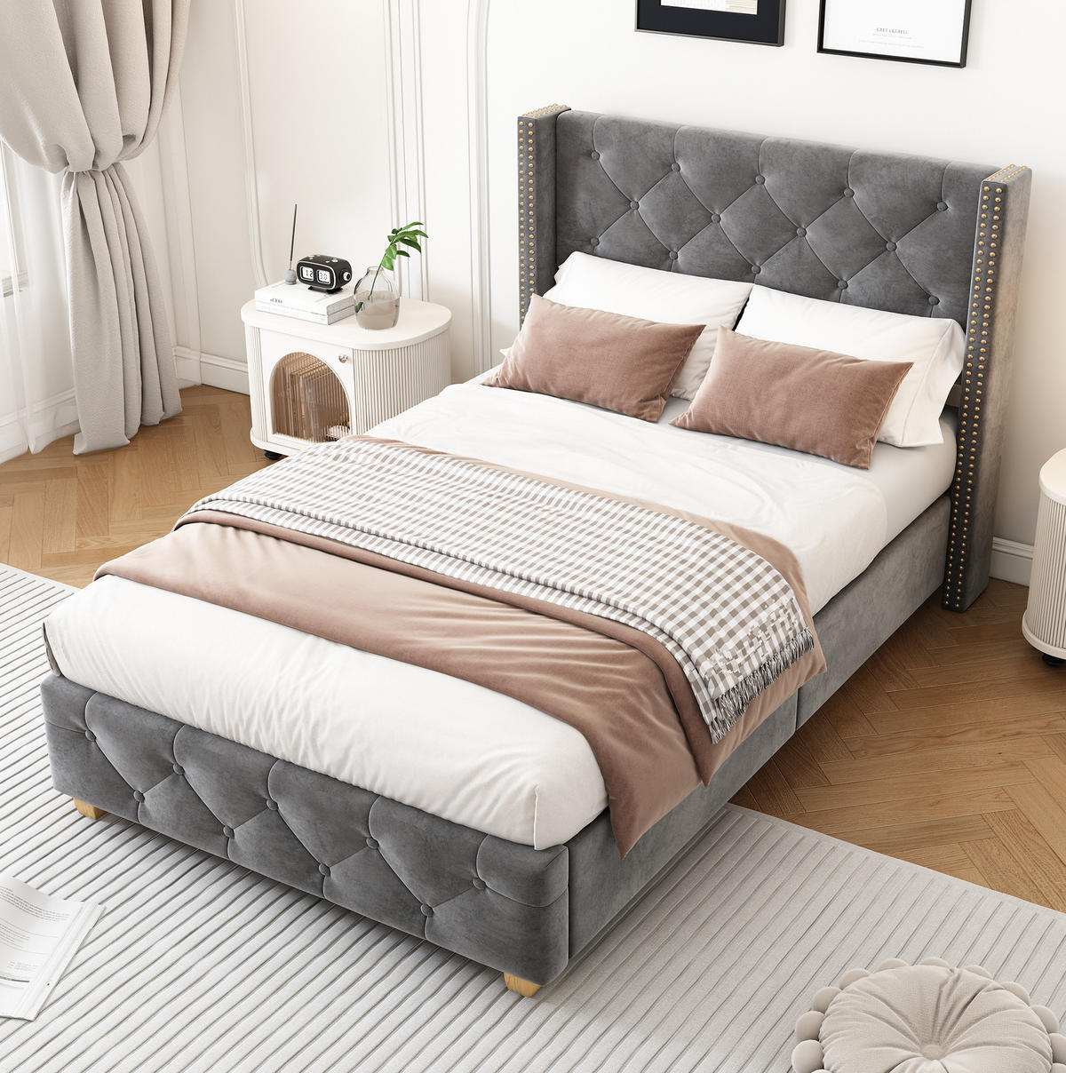 POLSTERBETT 90/200 cm mit Lattenrost, Samtbezug, Knopfheftung und Nietenverzierung, Grau - Grau, Textil (90/200cm) - Redom