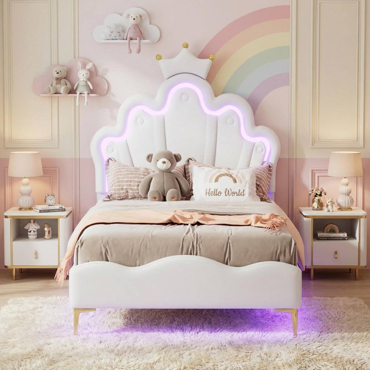 KINDEREINZELBETT 90 x 200 cm, Prinzessinnenbett im Kronenstil, PU-Leder, verstellbare LED-Ambientebeleuchtung, weiß, Kinderbetten - Weiß, Holz (90/200cm) - WoodenAura
