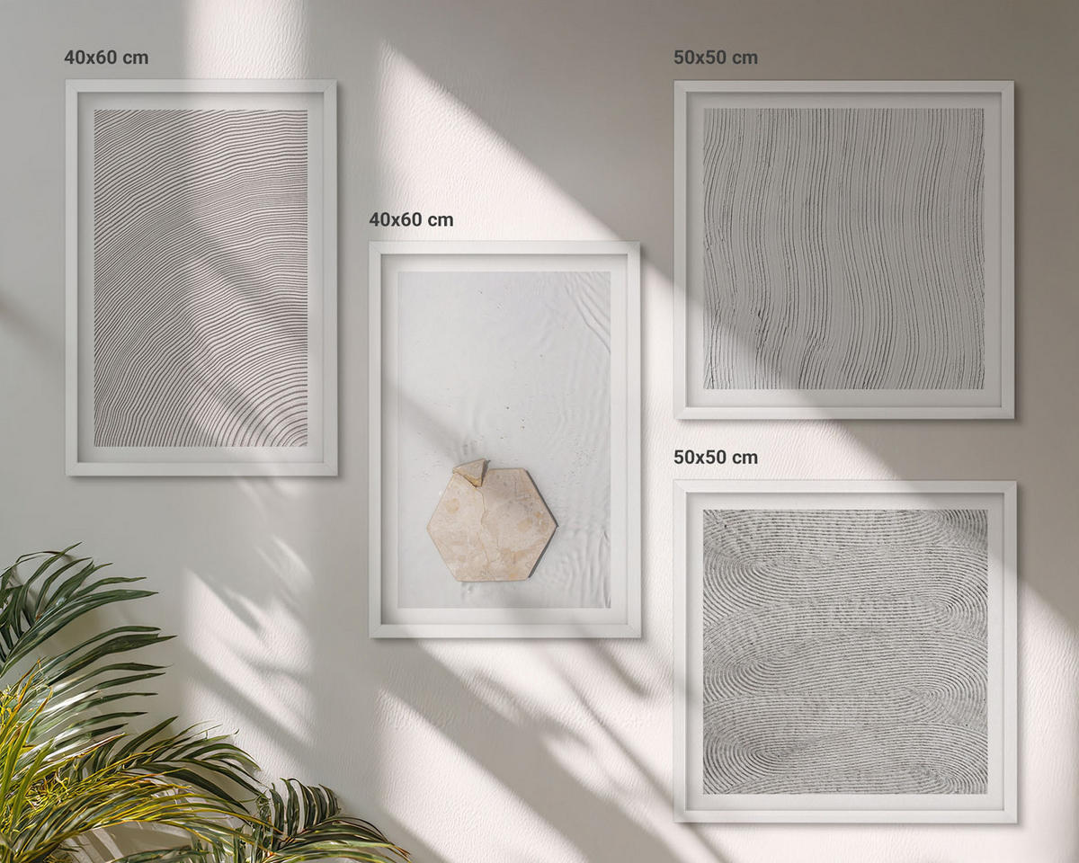 WANDBILDER 4er-Set - 50x50 cm & 40x60 cm Weißer Rahmen - Leichte Boho-Sandtexturen - Weiß, Kunststoff (50/50cm) - ArtPrintCave