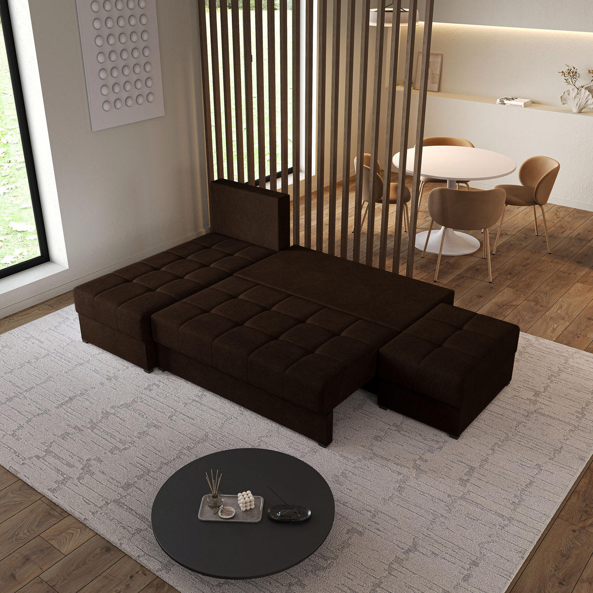 ECKSOFA NORVI Braun Geflochtener Stoff mit Schlaffunktion - Braun, Holz (251/143cm) - MASSENO