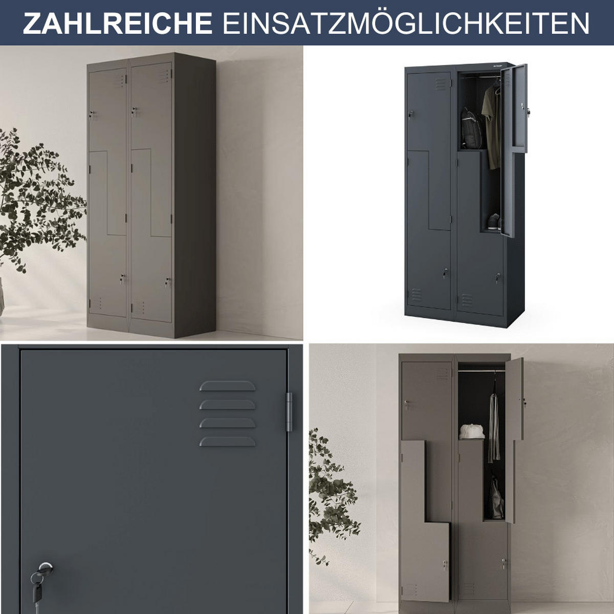 UMKLEIDESCHRANK Spind OSLO 4 Abteile 185x80x45cm Anthrazit - Anthrazit, Metall (80/185/45cm) - DELUKE