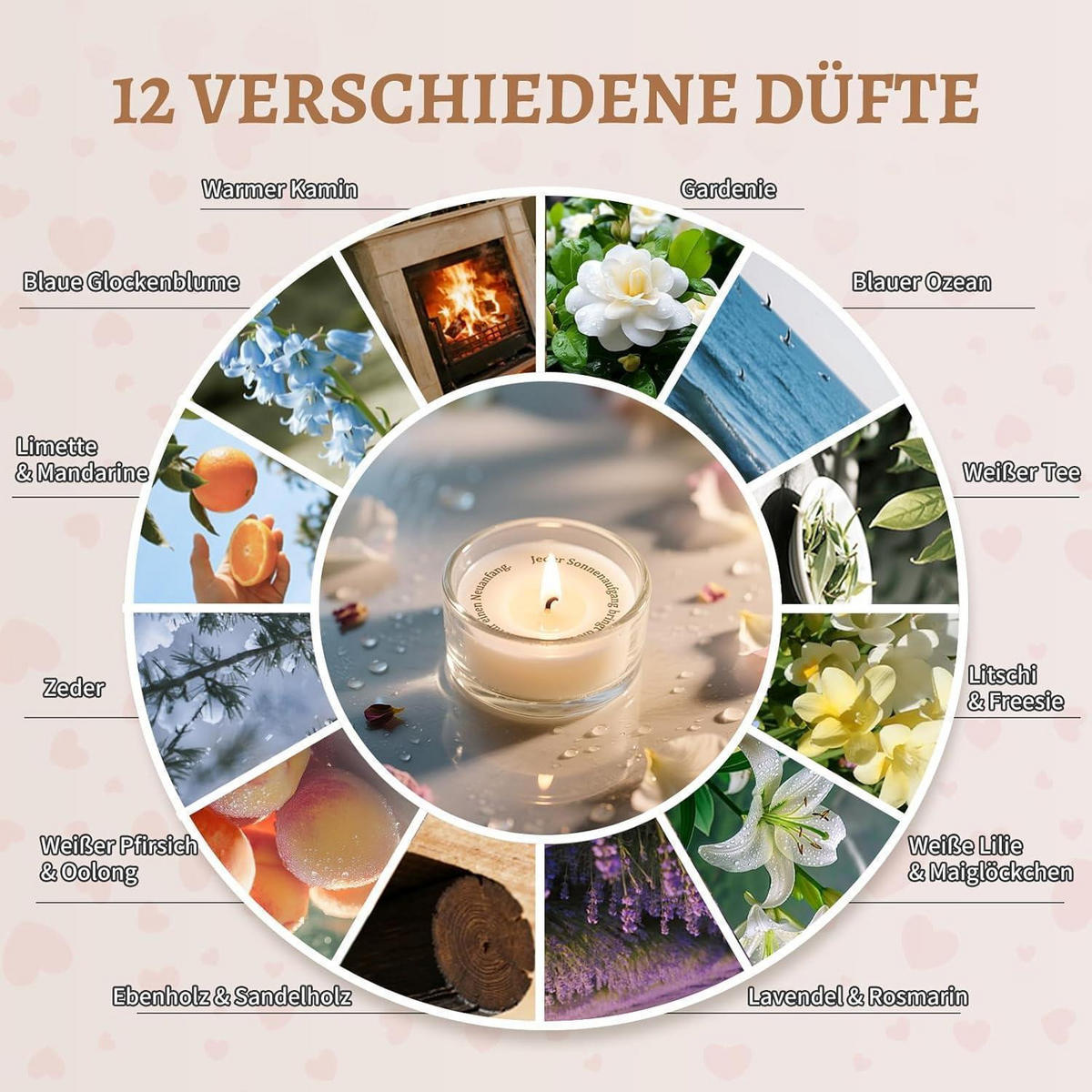 DUFTKERZEN Geschenkset 12-teiliges Set Sojawachs mit Botschaft - Rosa, Paraffin (7cm)