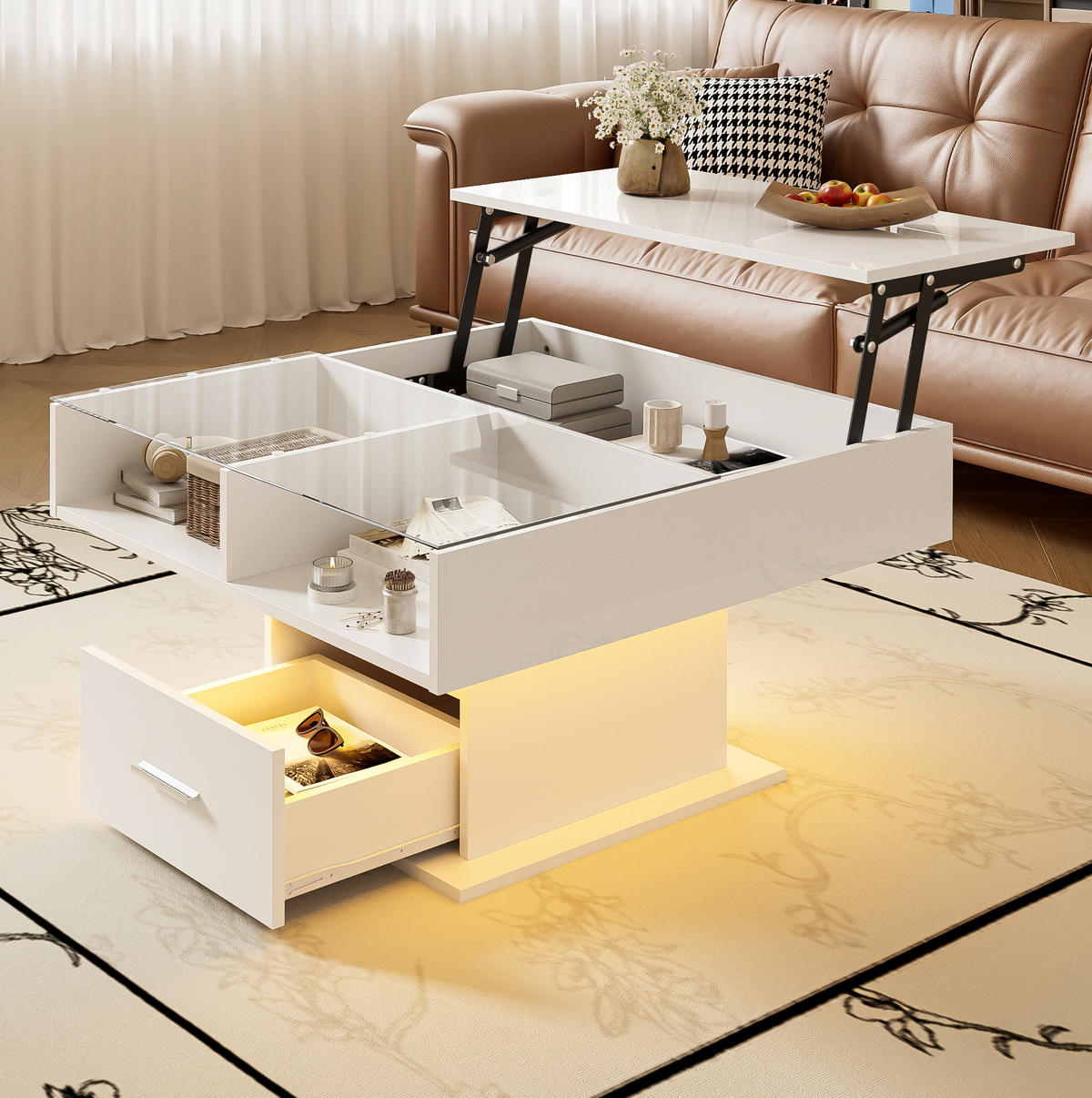 COUCHTISCH aus Spanplatte 78x78x45,5/59,5 cm in Weiß mit LED-Beleuchtung - Weiß, Holzwerkstoff (78/78/59.5cm) - Modfu