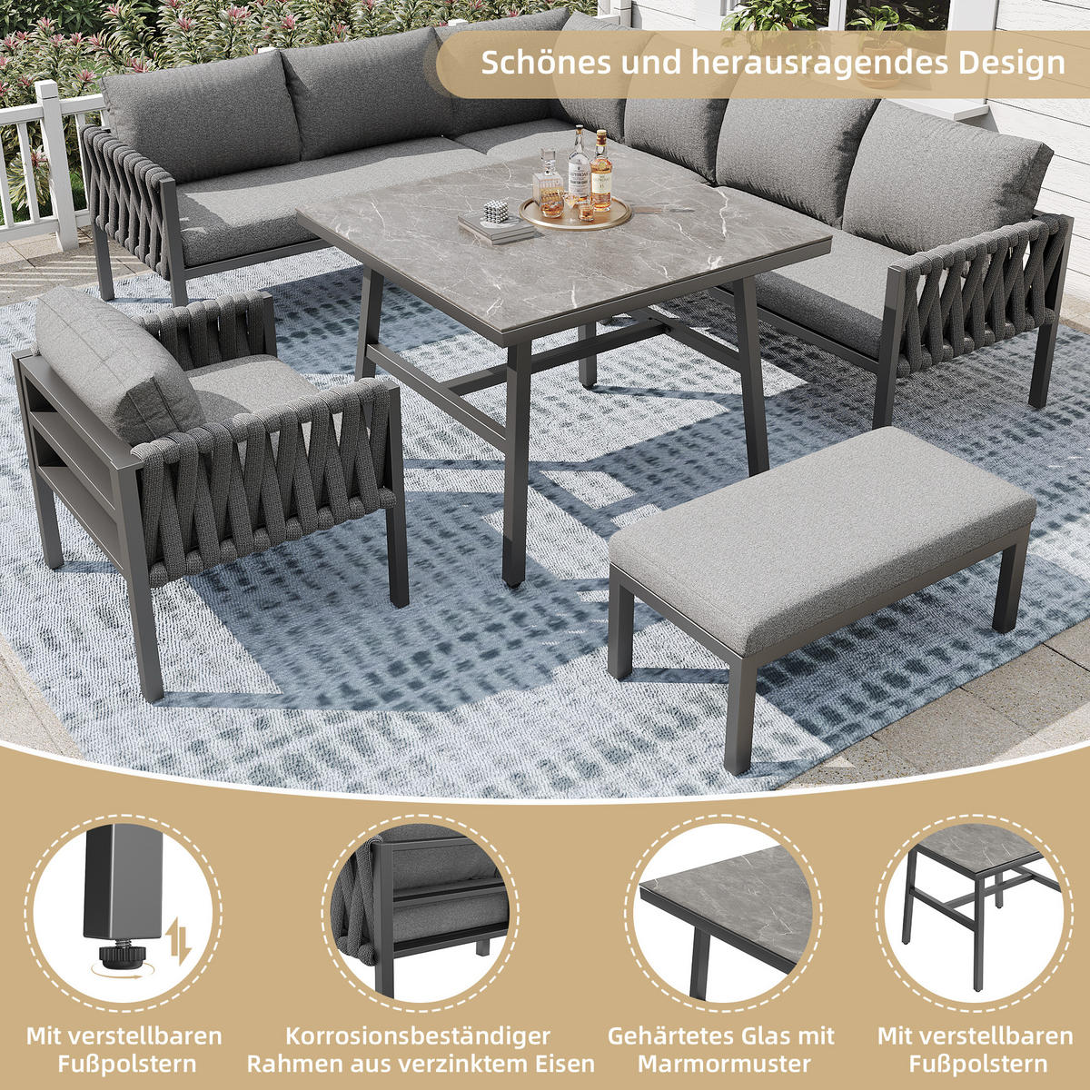 GARTENSET Seil Eckgrau Mit Verstellbaren Füßen & Glastisch - Grau, Metall - FLIEKS