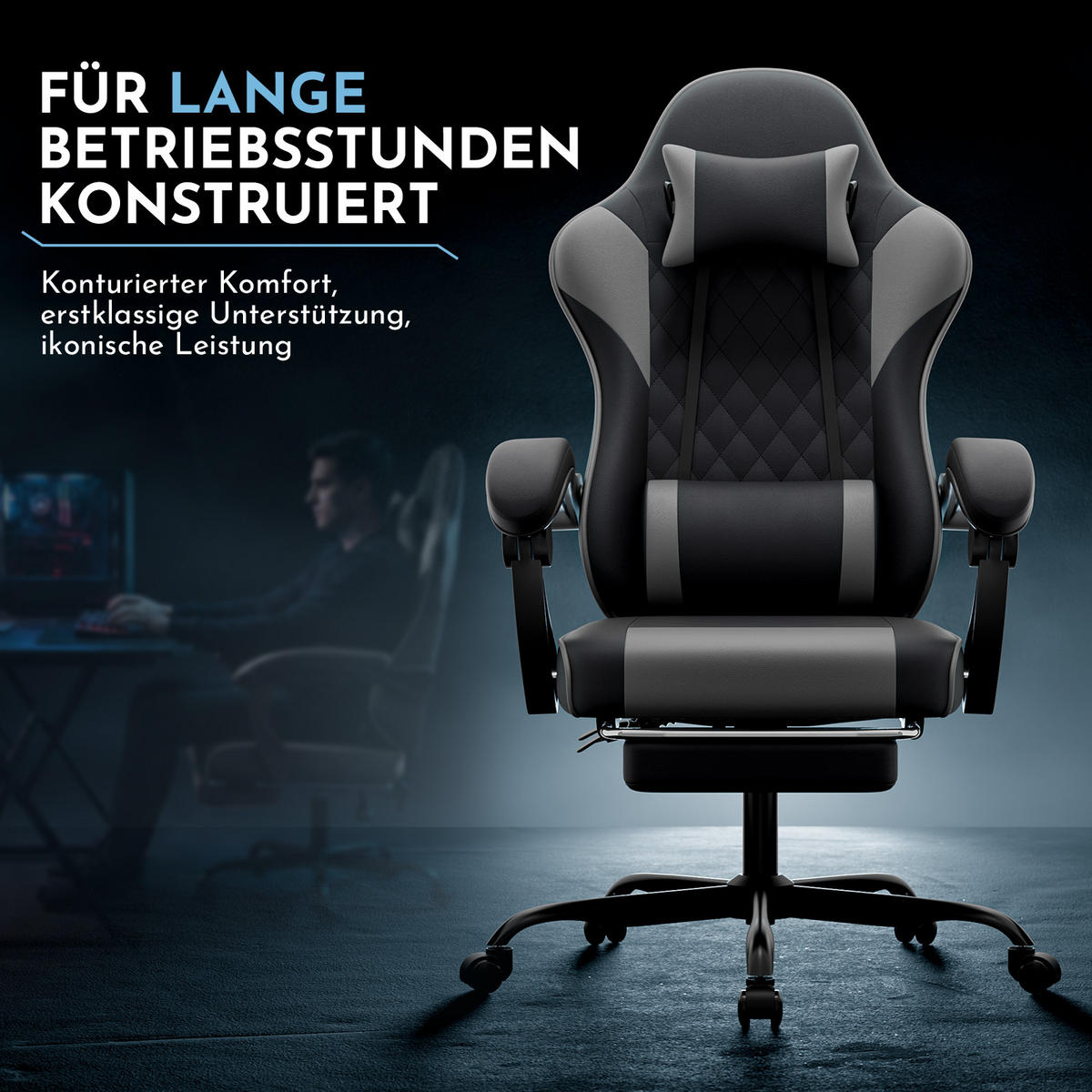 GAMINGSTUHL DE-40998 mit Lordosenstütze und Fußstütze Schwarz/Grau - Grau, Metall (58.5/120.5/63cm) - ComfortXL