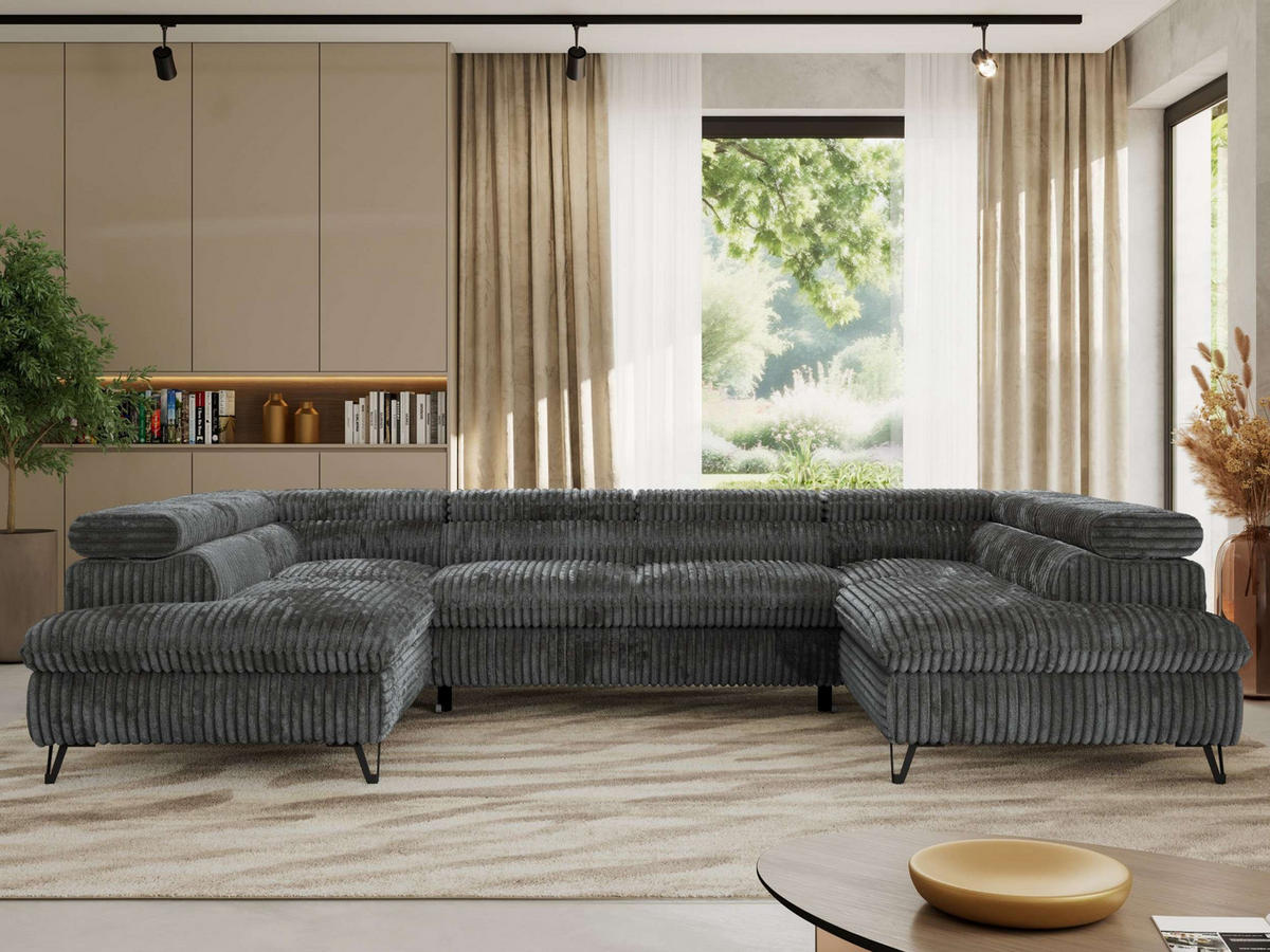 WOHNLANDSCHAFT PABLO U Cord Grau - Dunkelgrau/Schwarz, Textil/Metall (346/76/208cm) - MKS