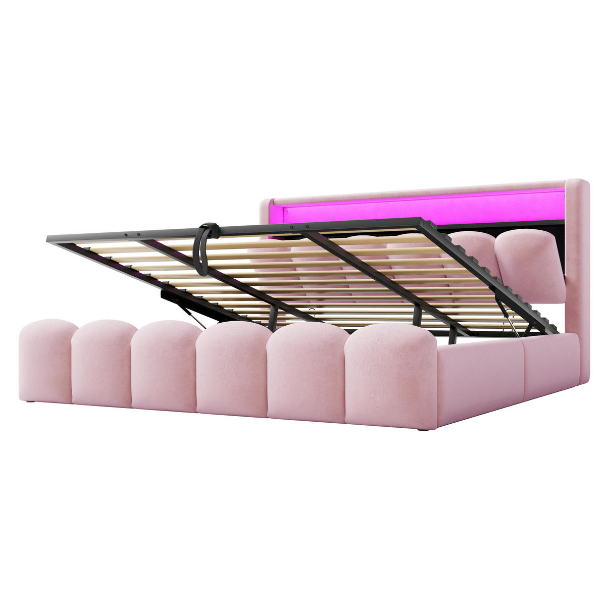 STAURAUMBETT 180/200 cm mit LED, USB-C und Hydraulik, DE-02093, in Rosa - Pink, Metall (180/200cm) - ComfortXL