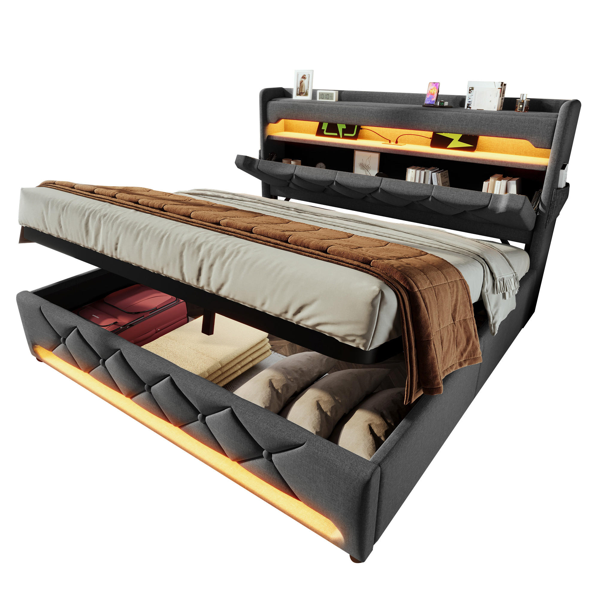 POLSTERBETT 180/200 cm grau mit Stauraum und USB-Anschlüssen - Grau, Textil (180/200cm) - OKWISH