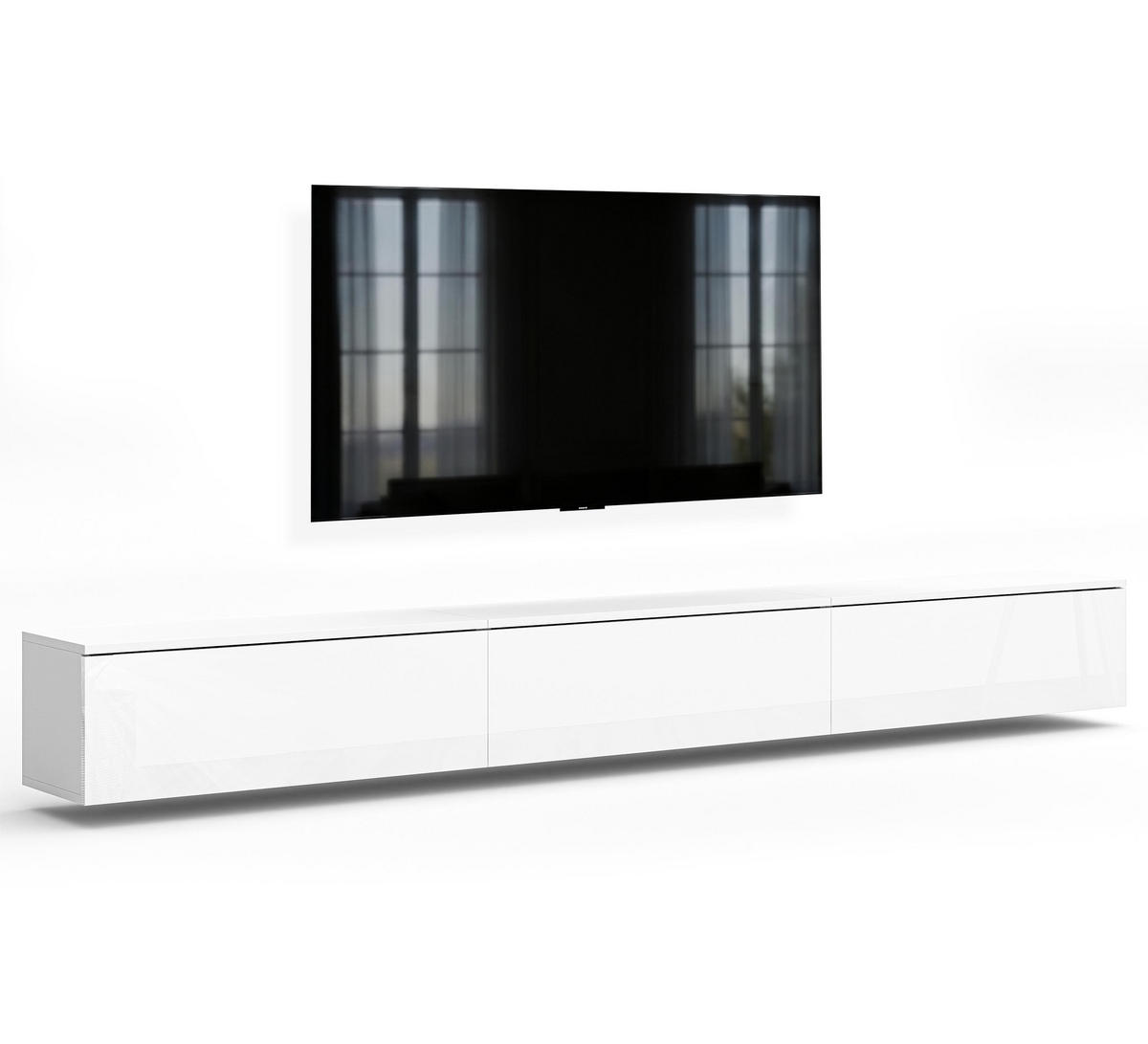 LOWBOARD Barvo 3x100 Weiß Matt / Weiß Hochglanz 300/34/32 cm – hängendes TV-Board - Weiß, Holzwerkstoff (300/34/32cm) - AX Living