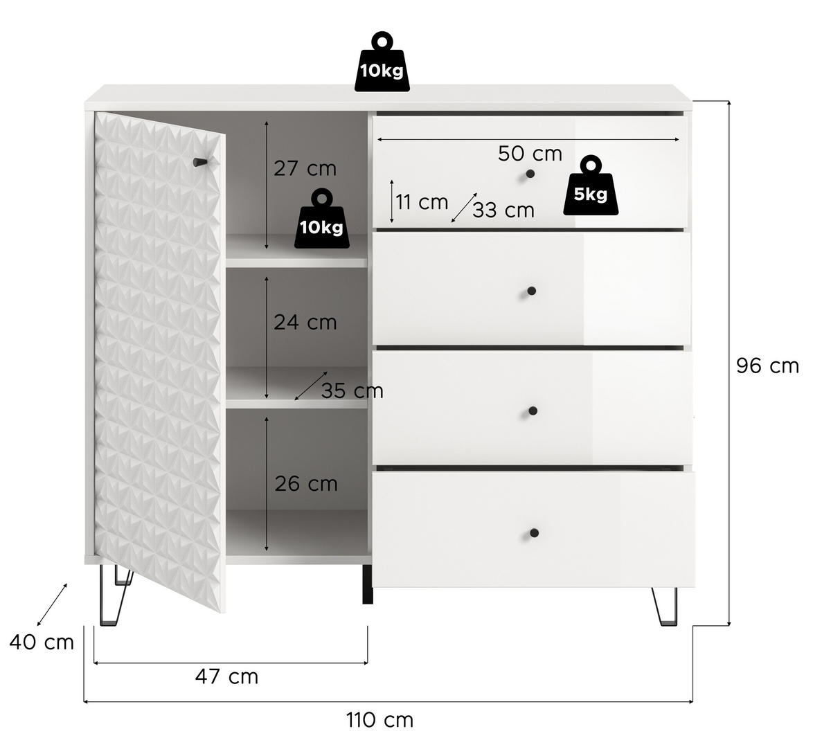 HIGHBOARD PRISMA (B/H/T: ca. 110/96/40 cm) in weiß/weiß hochglanz - Weiß, Holzwerkstoff (110/96/40cm)