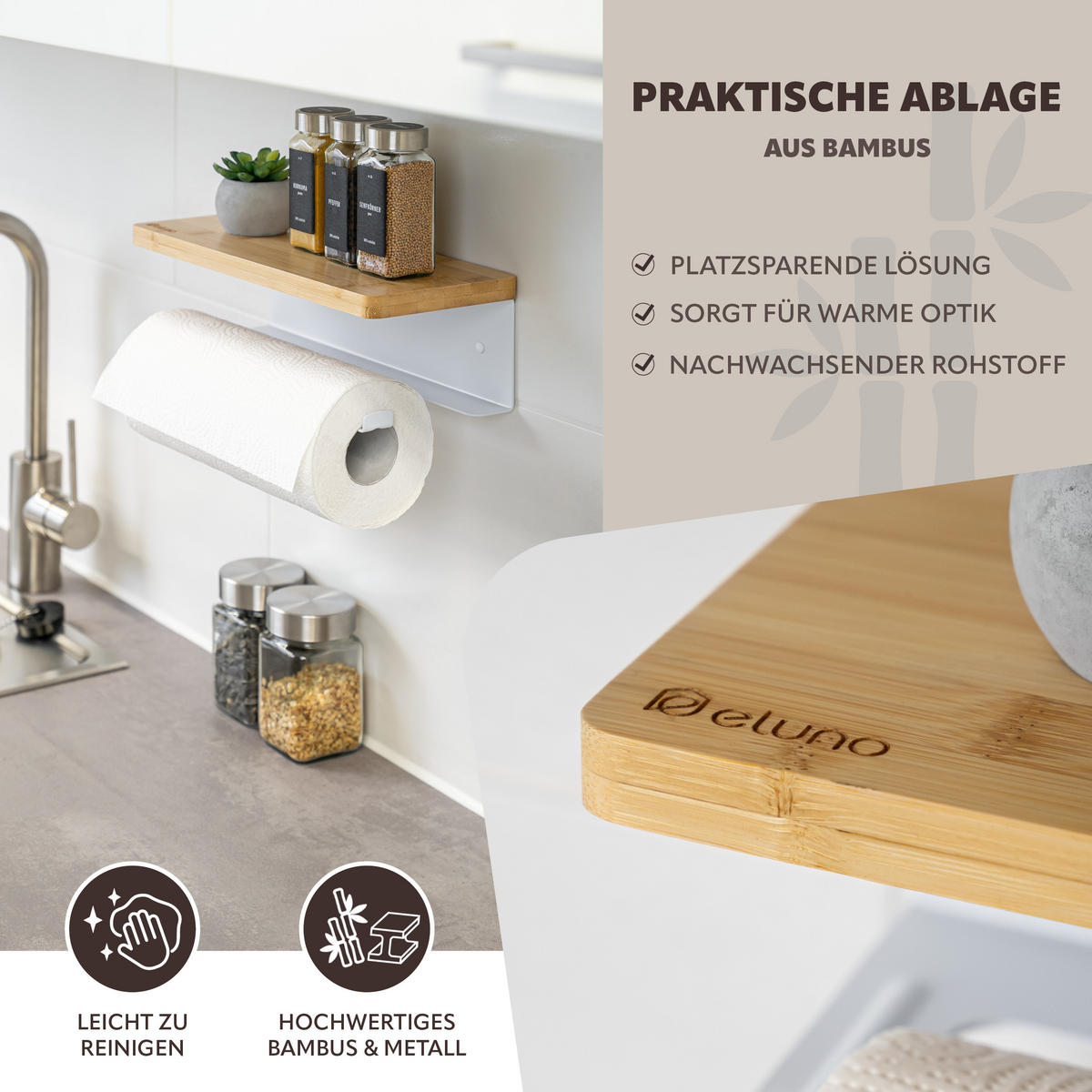 KÜCHENROLLENHALTER mit Bambusablage - Weiß, Metall (32/9.5/13cm) - eluno