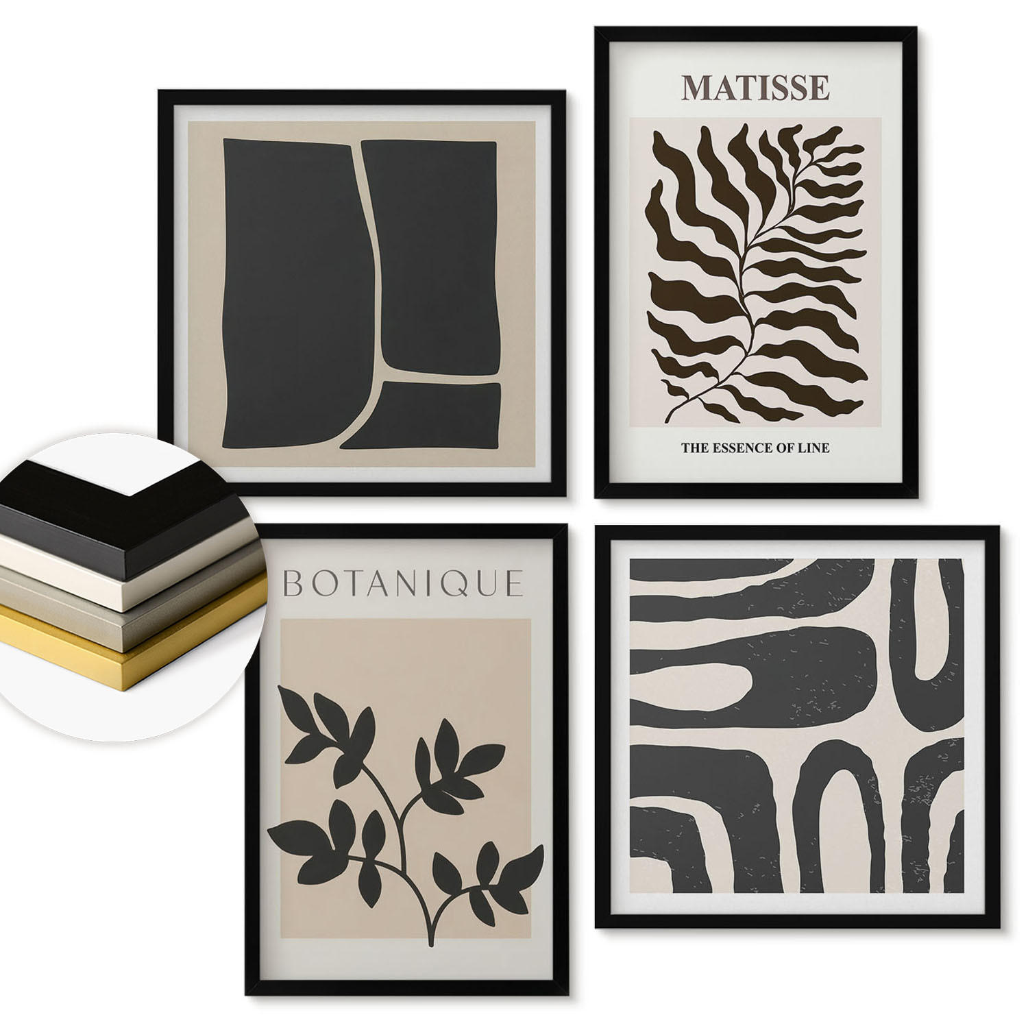 WANDBILDER 4er-Set - 50x50 cm & 40x60 cm Schwarzer Rahmen - Minimalistische Pflanzenposter - Schwarz, Kunststoff (50/50cm) - ArtPrintCave