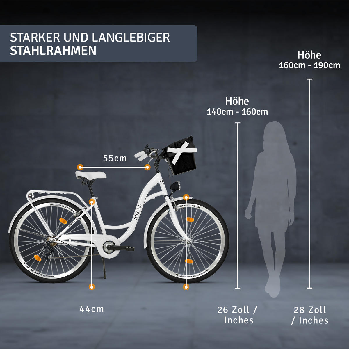 CITY-FAHRRAD Milord mit Metallkorb, 28 Zoll, Weiß, 1-Gang - Weiß, Metall (46cm) - Milordbikes