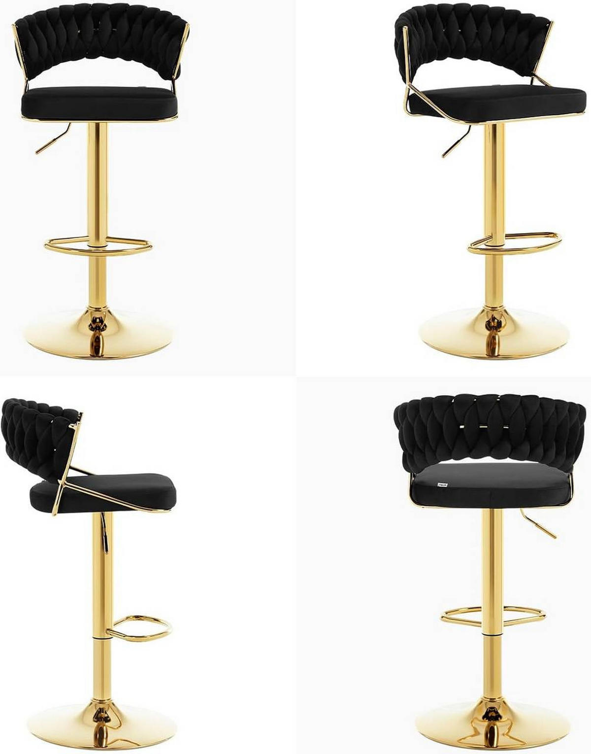 BARHOCKER 4er Set, mit geflochtener Rückenlehne, Samt, Schwarz - Goldfarben/Schwarz, Textil/Metall (48/83/46.5cm) - Woltu