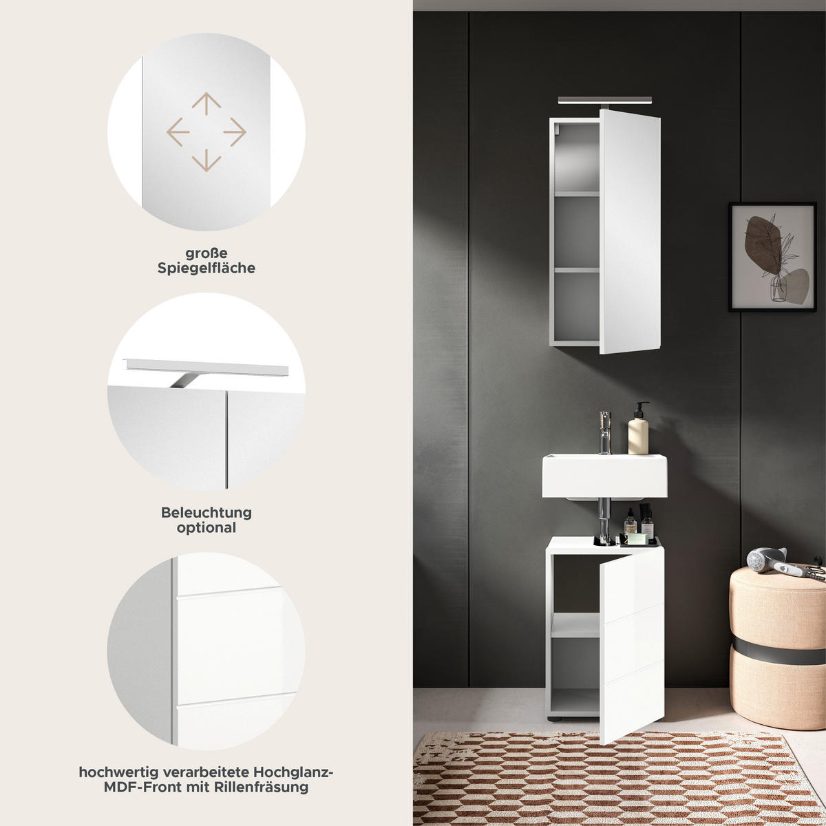 BADMÖBEL Set Vira 2tlg. Bad Kombination in Weiß (B/H/T: 38x190x34 cm) - Weiß, Holz (38/190/34cm)