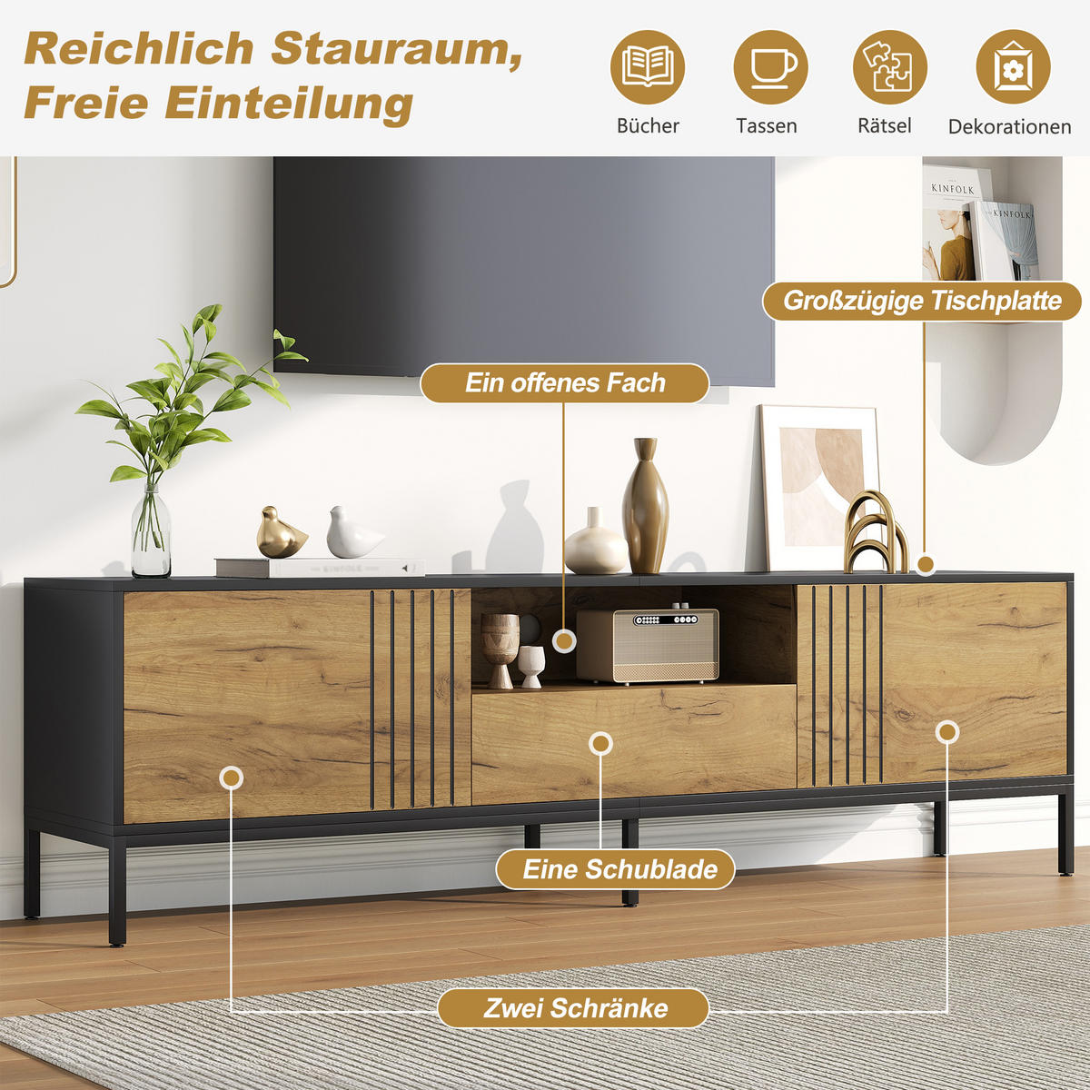 LOWBOARD in Naturfarben mit 2 Schränken & Schublade , für TVs bis 70 Zoll, B170/T35/H50cm - Schwarz/Naturfarben, Holzwerkstoff/Metall (170/50/35cm) - STILVORA