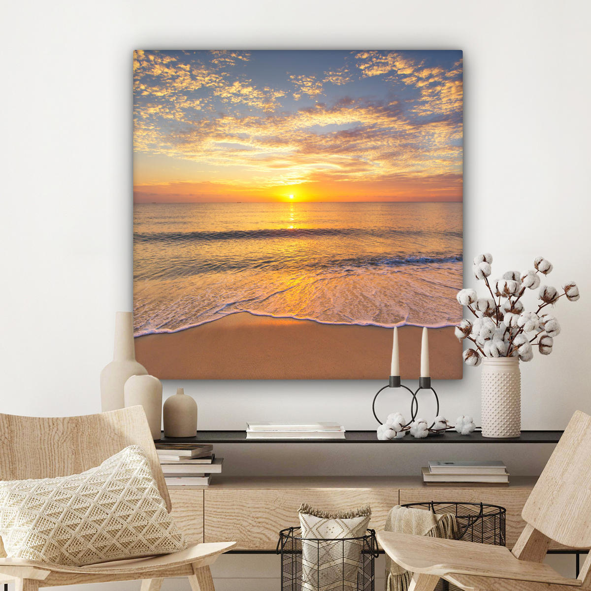 LEINWANDBILD Strand - Sonnenuntergang - Meer Deko Groß 90x90 cm - Gelb, Textil (90/90cm) - MuchoWow