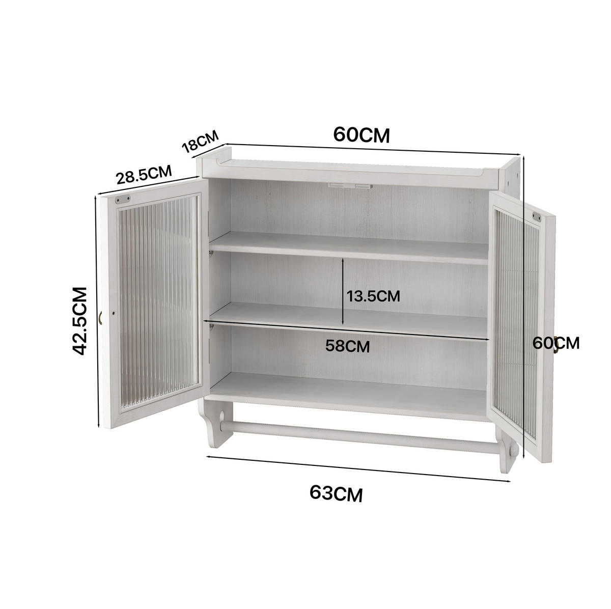 KÜCHENOBERSCHRANK 60/18/63 cm mit Glasfront und 2 Türen in Weiß gewischt - Weiß, Holz (63/60/18cm) - BEAOK