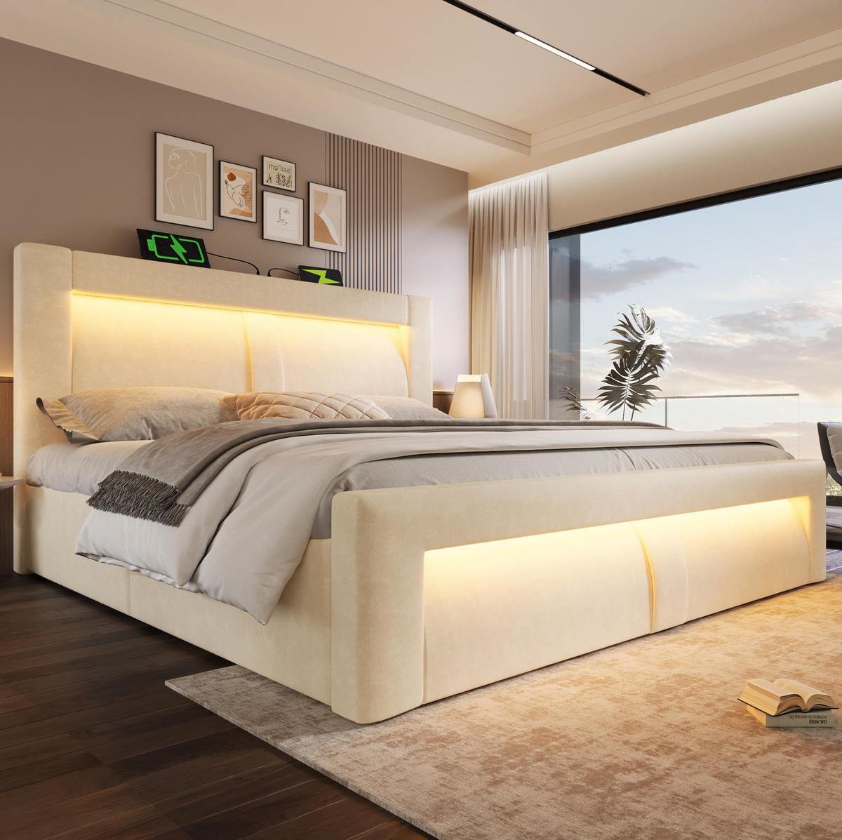 BETT mit Stauraum 140x200 cm Samt Beige mit LED - Beige, Metall (140/200cm) - Meubliv