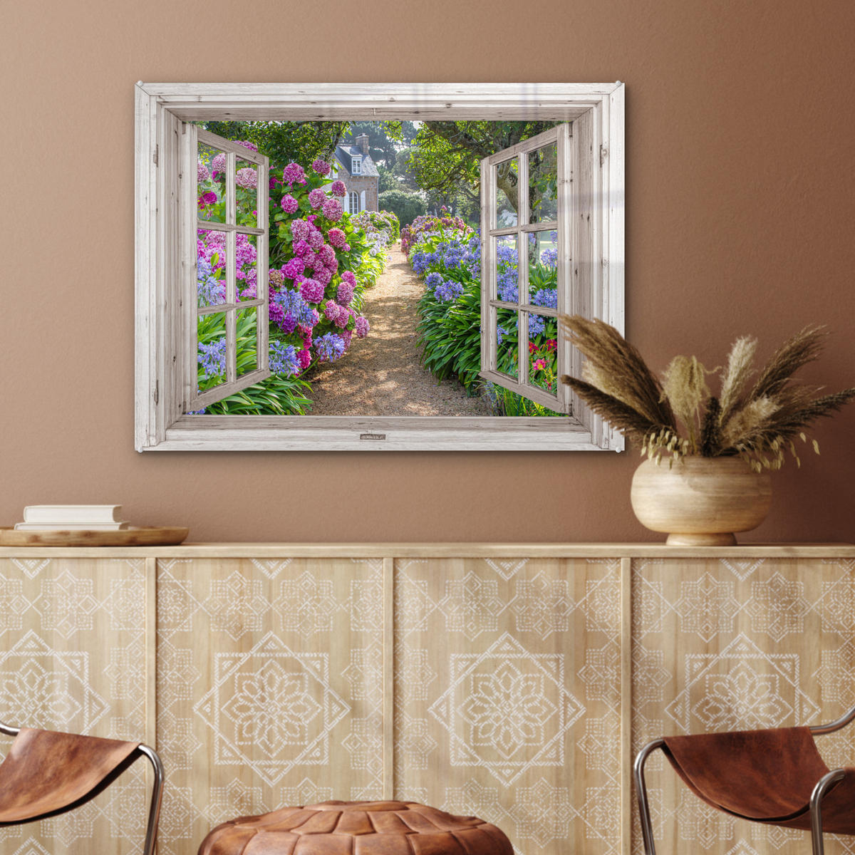 ACRYLGLASBILD Hortensie - Durchsichtig - Blumen - Sommer - Lila - Weg 80x60 cm - Lila, Glas (80/60cm) - MuchoWow