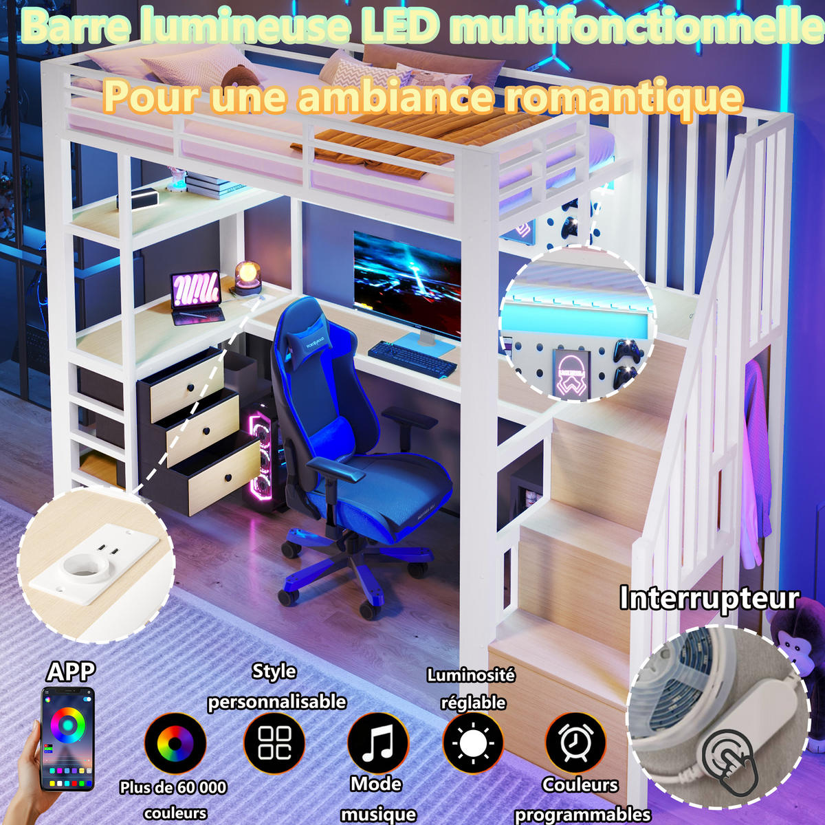 HOCHBETT mit LED und Schubladen Weiß 90x200 cm Metall - Weiß, Metall (90/200cm) - SONNENH