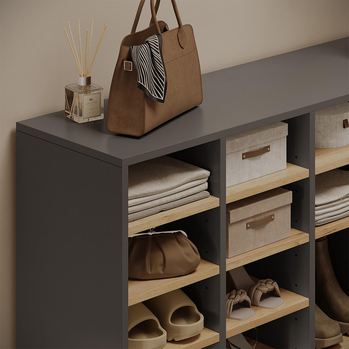 SCHUHSCHRANK Hermia, Anthrazit/Goldkraft Eiche, 104.2 x 99 cm mit 16 offenen Fächern - Honigeiche/Anthrazit, Holzwerkstoff (104.2/99/32.1cm) - Vicco